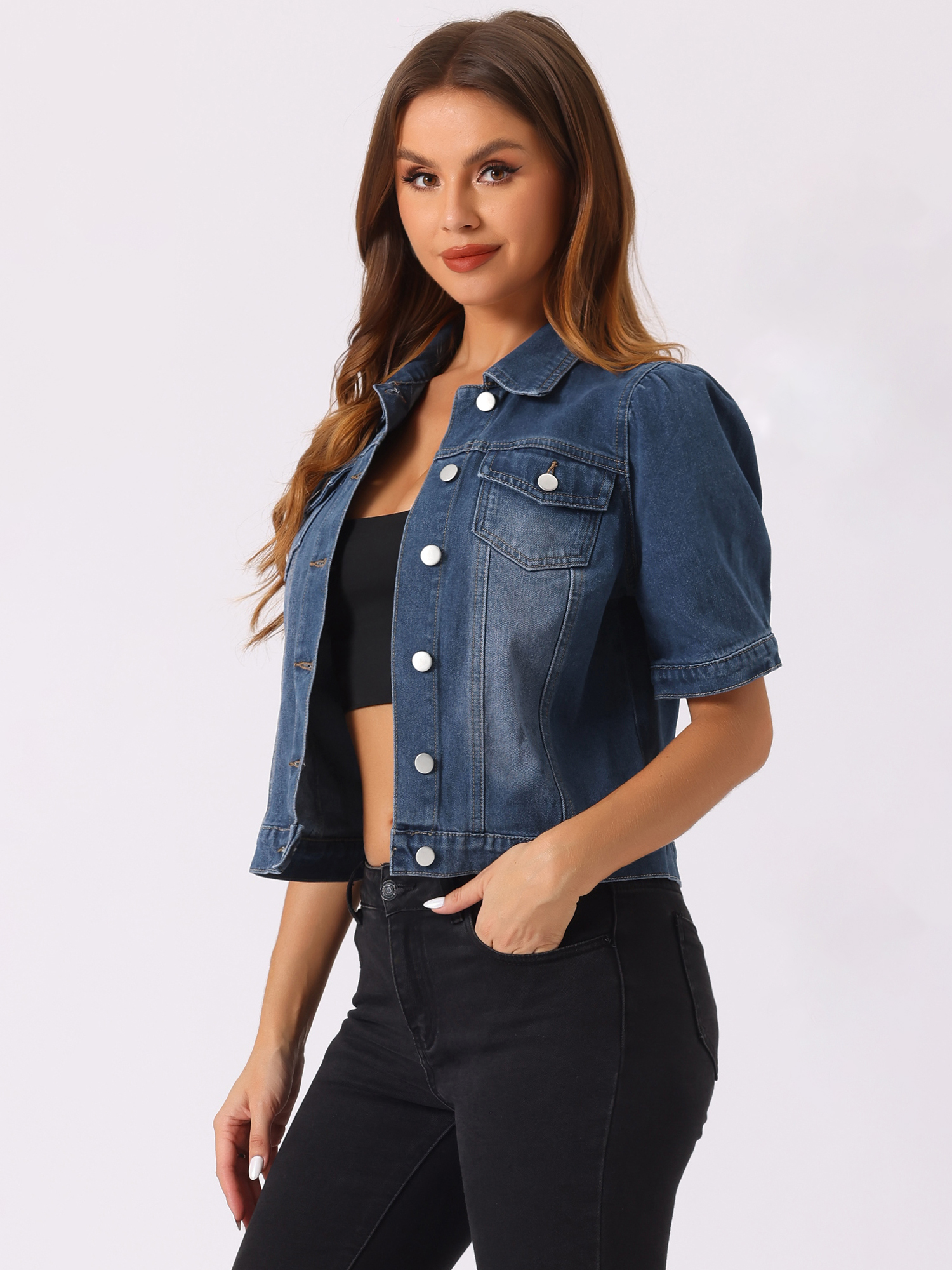 Casual Short Puff Sleeves Button-Down Jean Denim Jacket Dark Blue/S