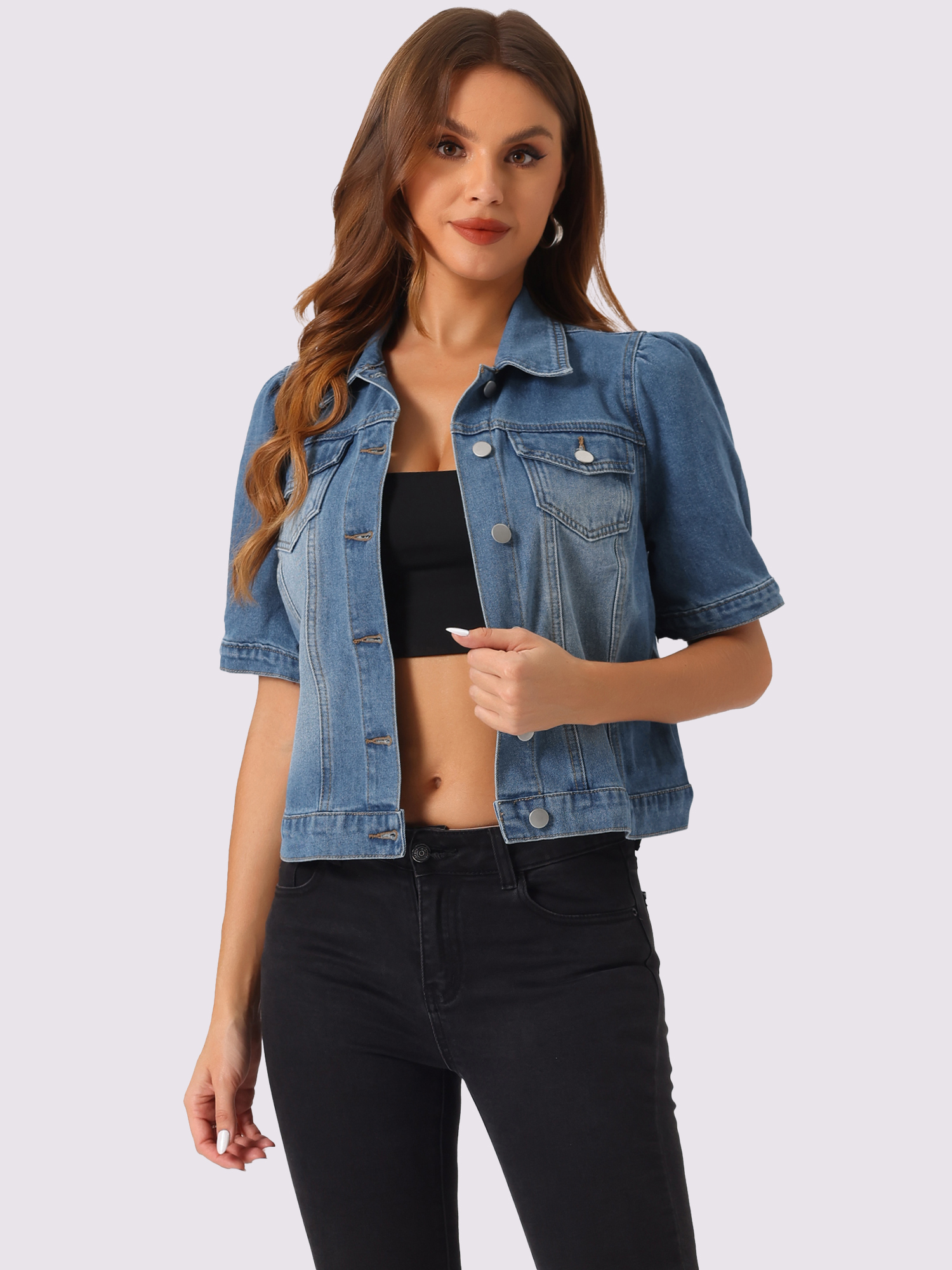 Casual Short Puff Sleeves Button-Down Jean Denim Jacket Medium BLue/L