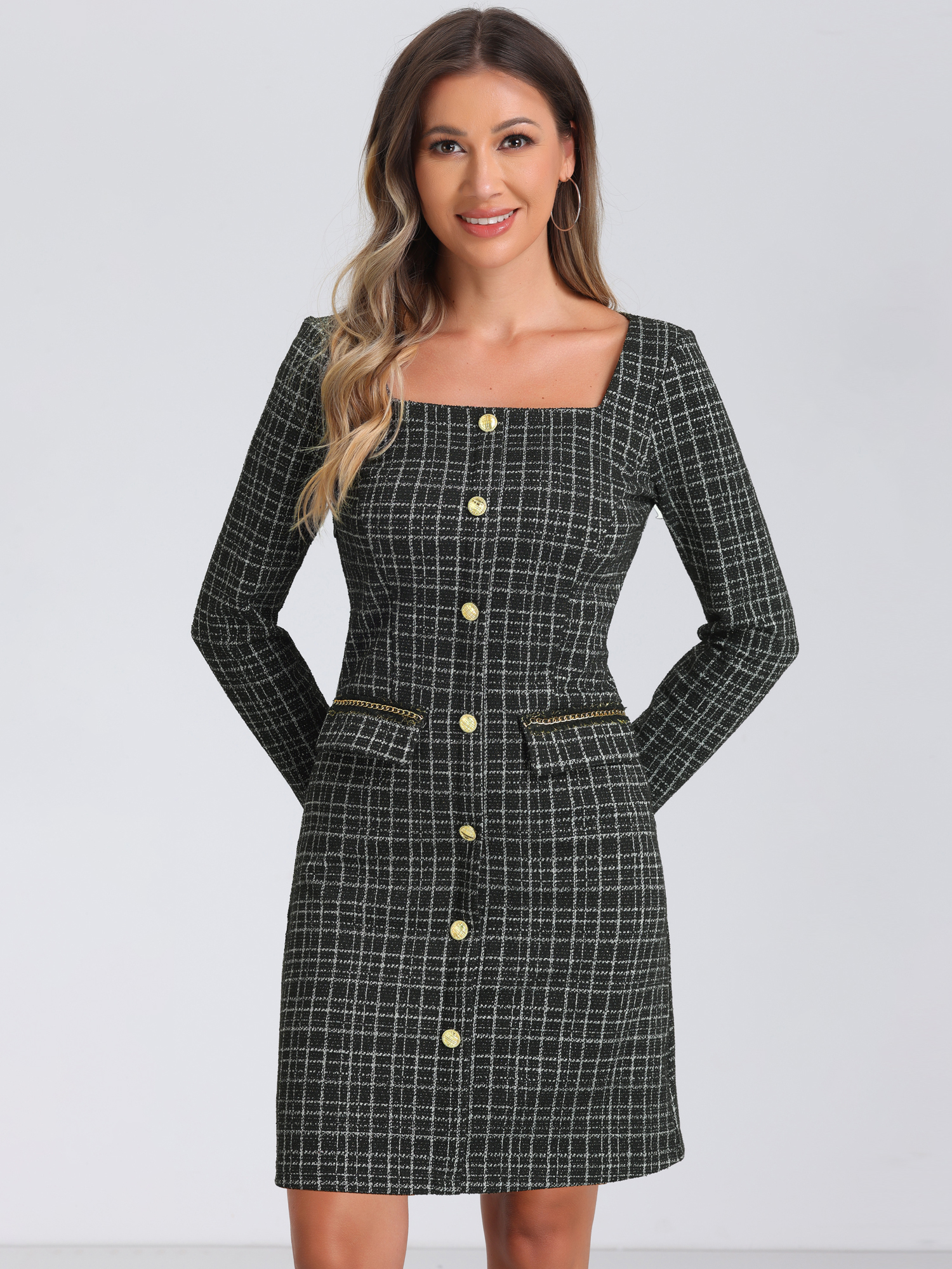 Tweed Plaid Long Sleeves Square Neckline Knee Length Dress Black/S