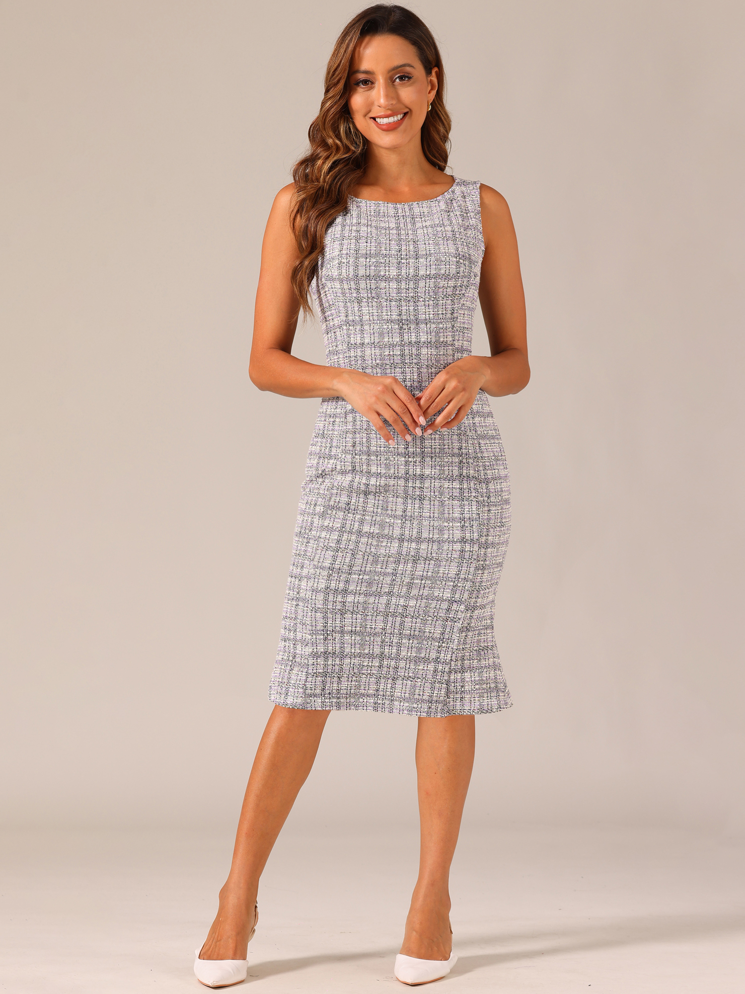 Tweed Sleeveless Elegant Plaid Midi Fishtail Dress Purple/M