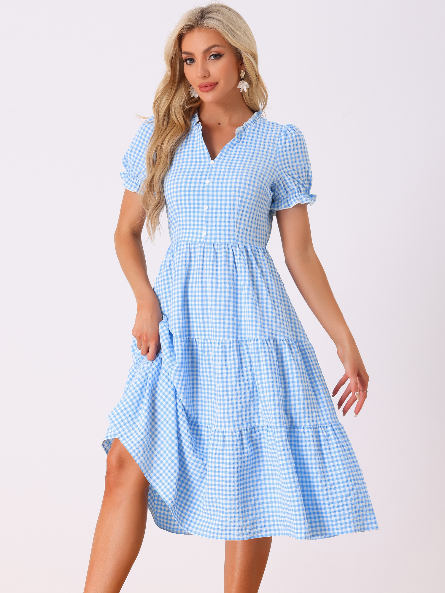 Ruffle Trim V Neck Button Decor Plaid Gingham Tiered Midi Dress Blue/L