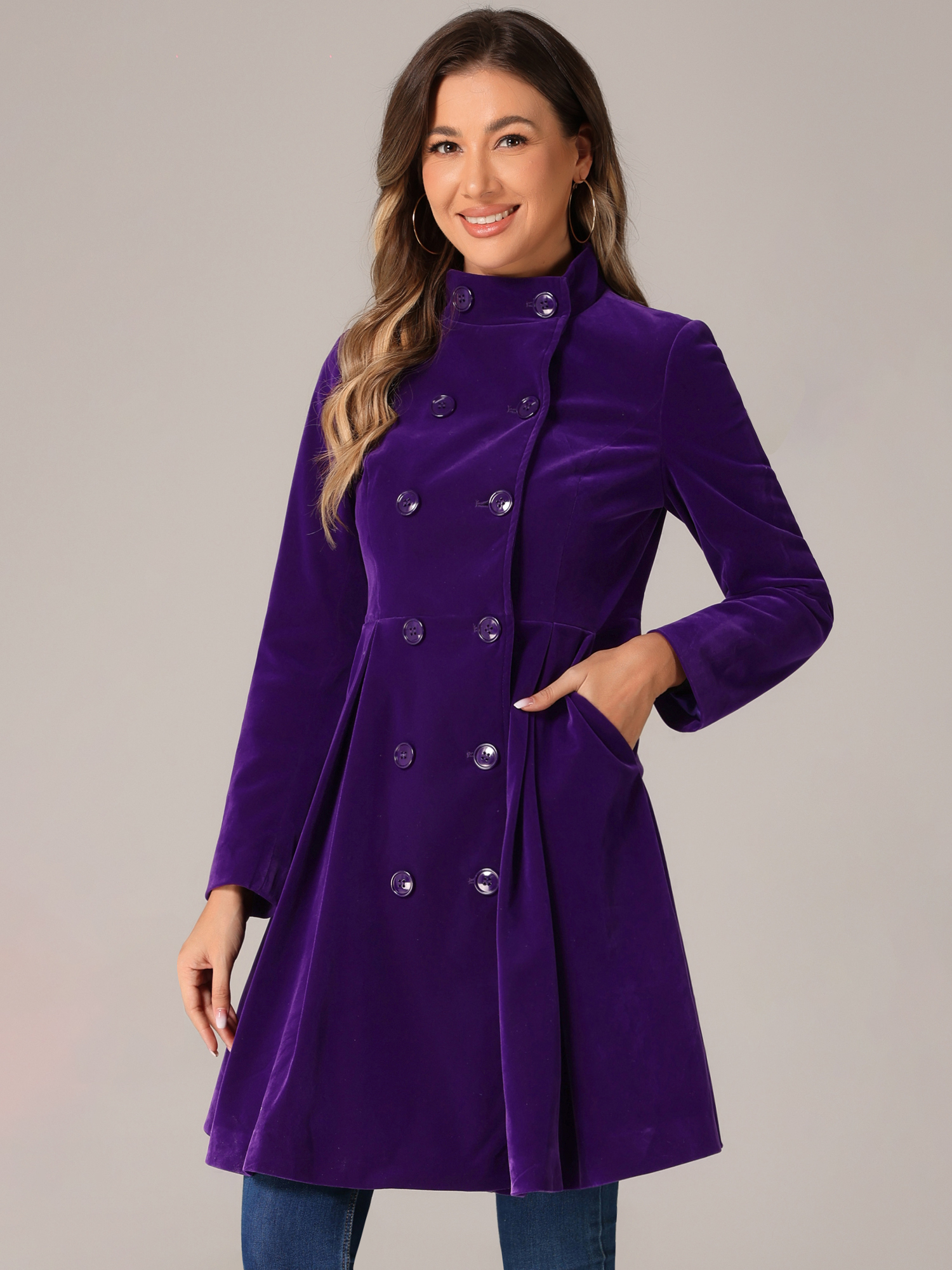 Velvet A-Line Stand Collar Double Breasted Winter Trench Coat Dark Purple/L
