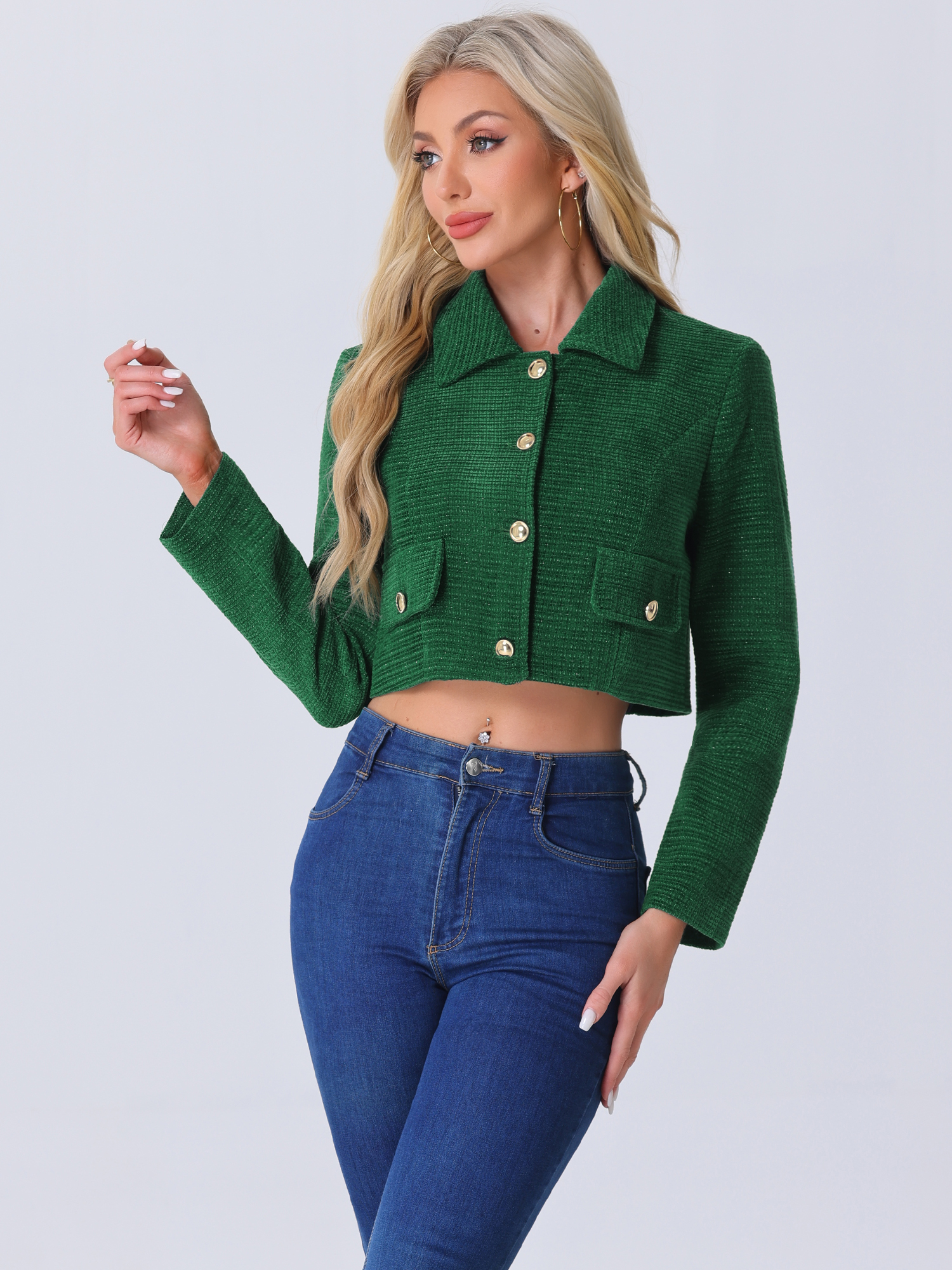 Tweed Collar Long Sleeve Button Down Cropped Jacket Green/XL