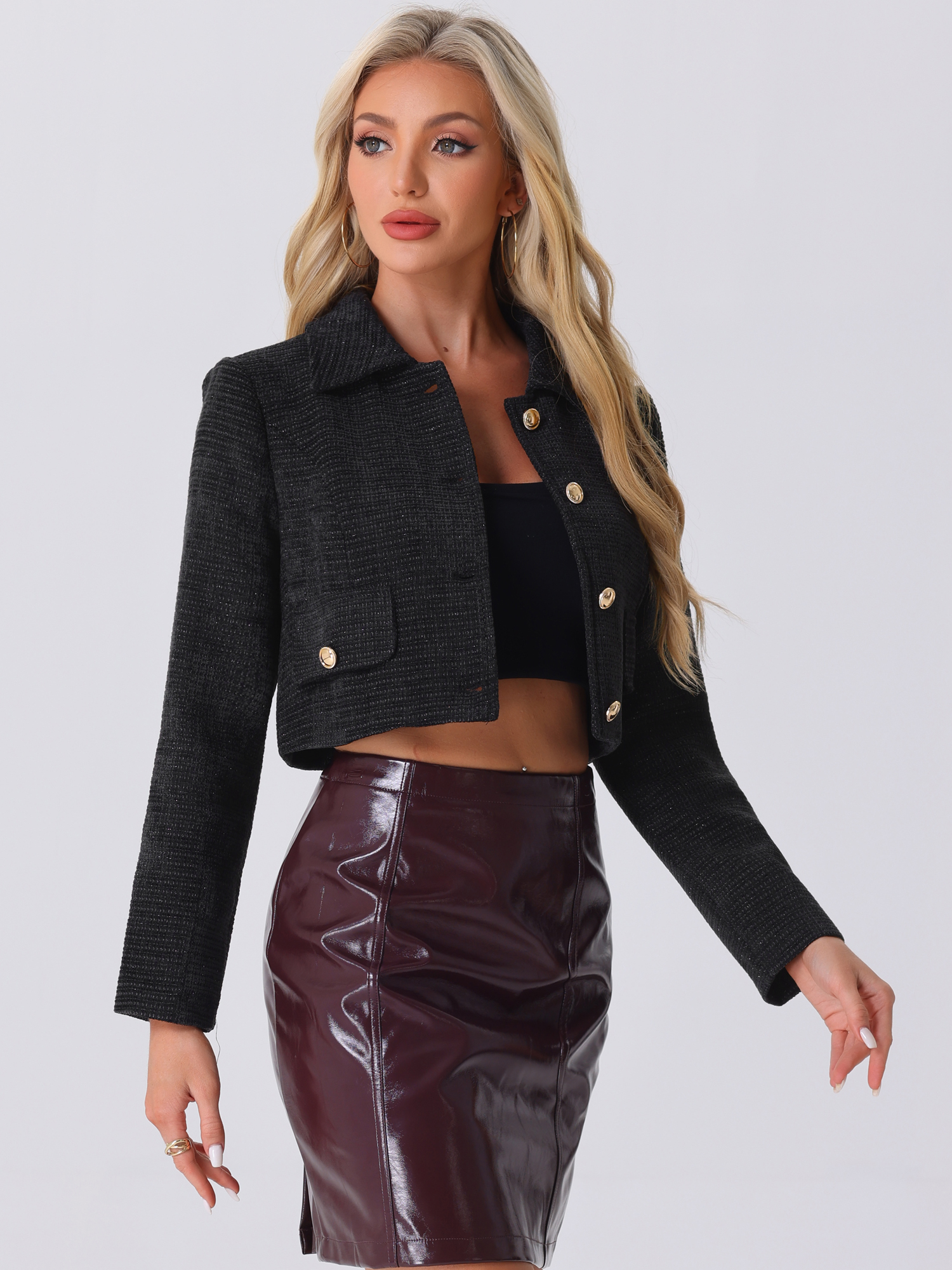 Tweed Collar Long Sleeve Button Down Cropped Jacket Black/L