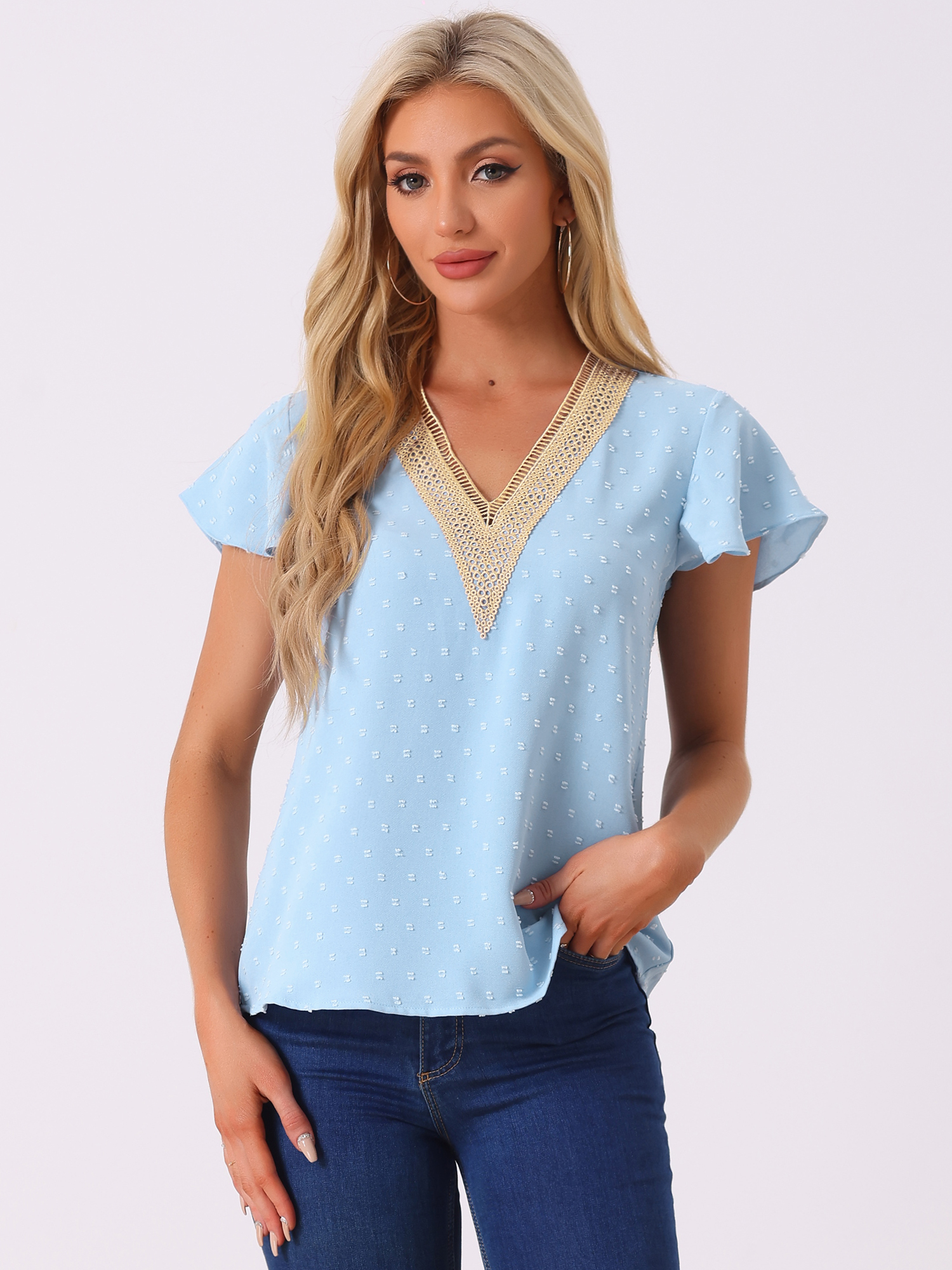 V Neck Lace Crochet Ruffles Cap Sleeves Swiss Dots Blouse Light Blue/XL