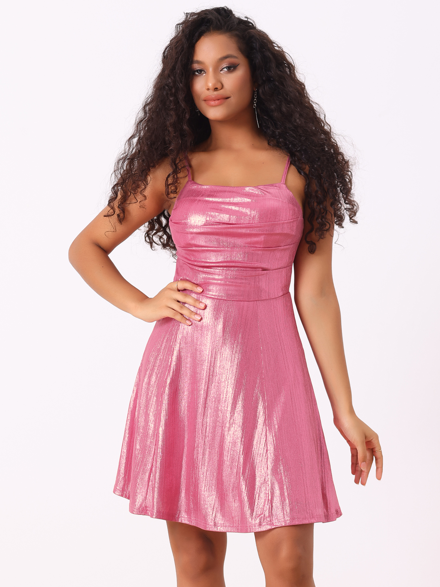 Sparkly Metallic Spaghetti Strap A-line Backless Mini Skater Dress Pink/XS