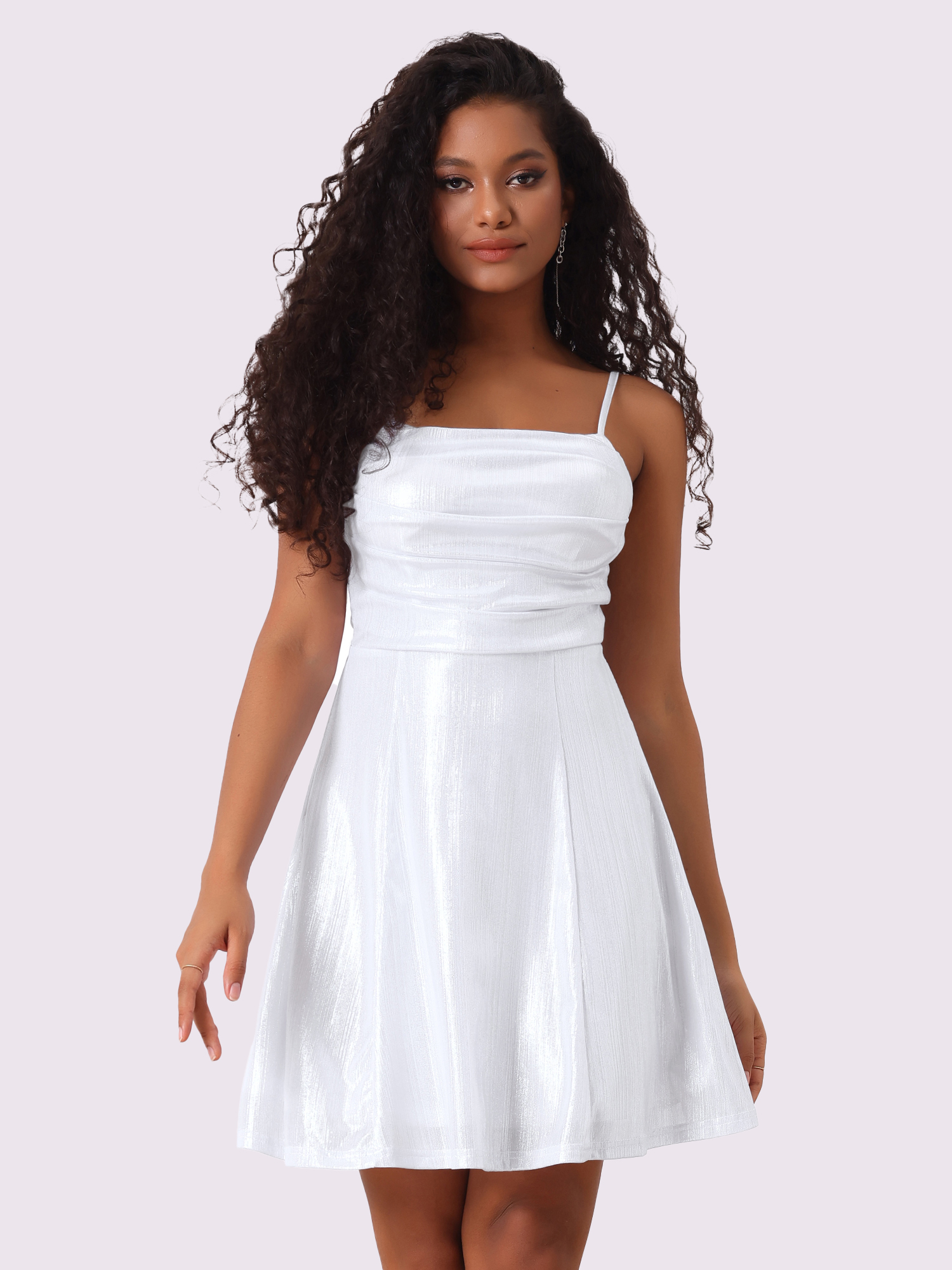 Sparkly Metallic Spaghetti Strap A-line Backless Mini Skater Dress Silver/S