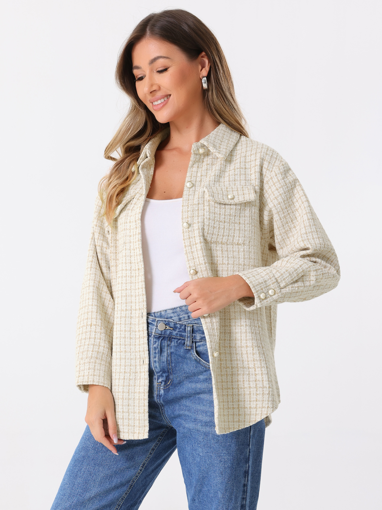 Tweed Plaid Long Sleeves Loose Fit Shirt Jacket Shacket White/S