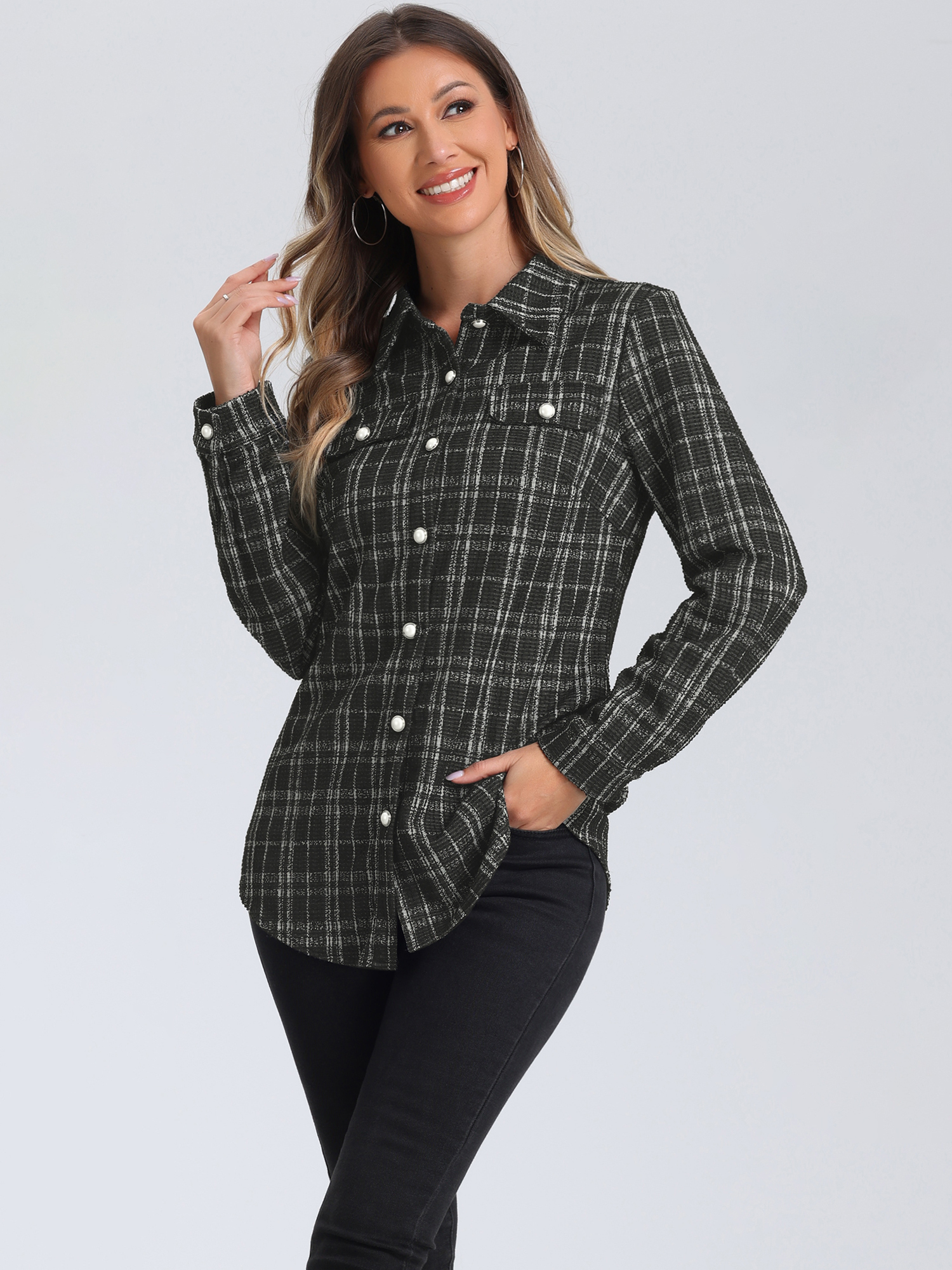 Long Sleeves Button Down Plaid Tweed Shackets Shirt Black/S