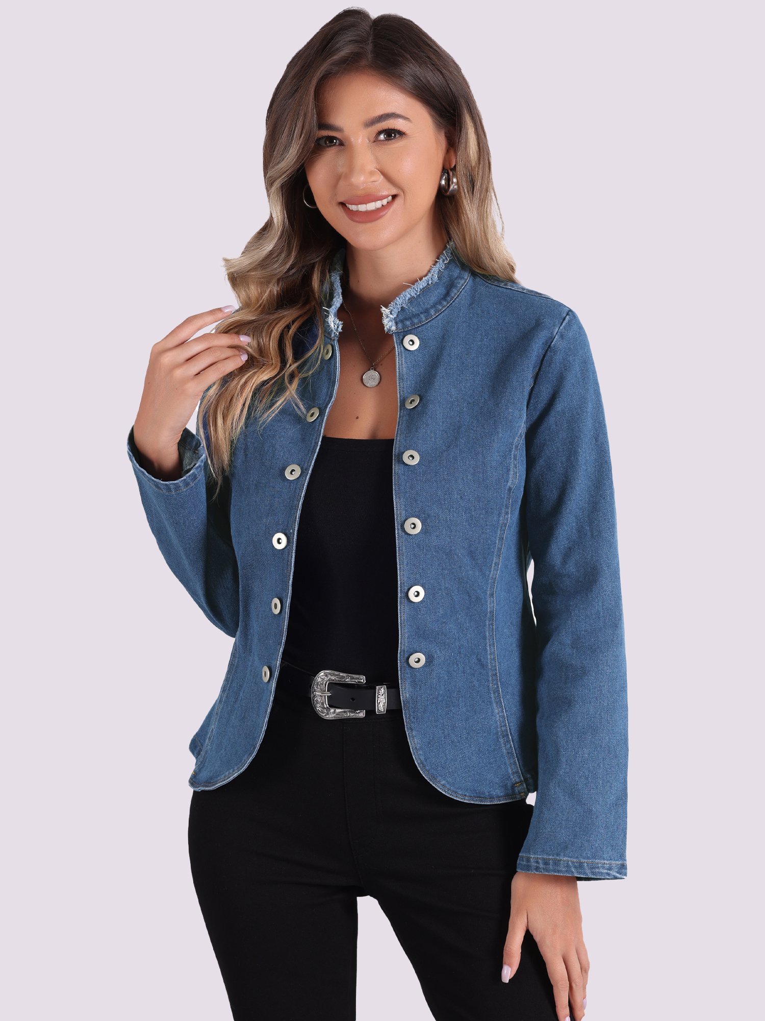 Denim Collarless Button Decor Open Front Jeans Jackets Blue/L