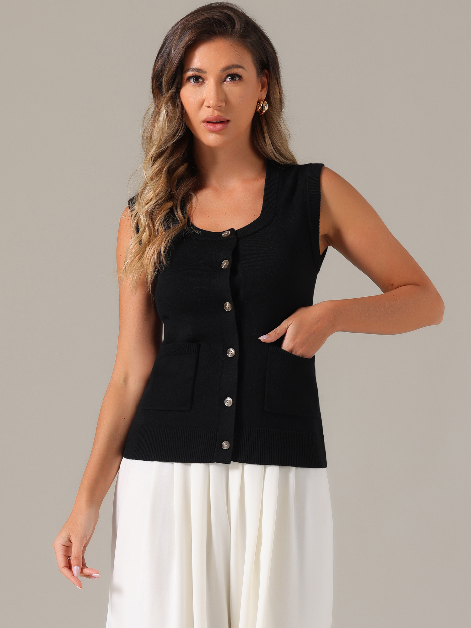 Sleeveless Button Down Summer Ribbed Waistcoat Sweater Vest Black/L