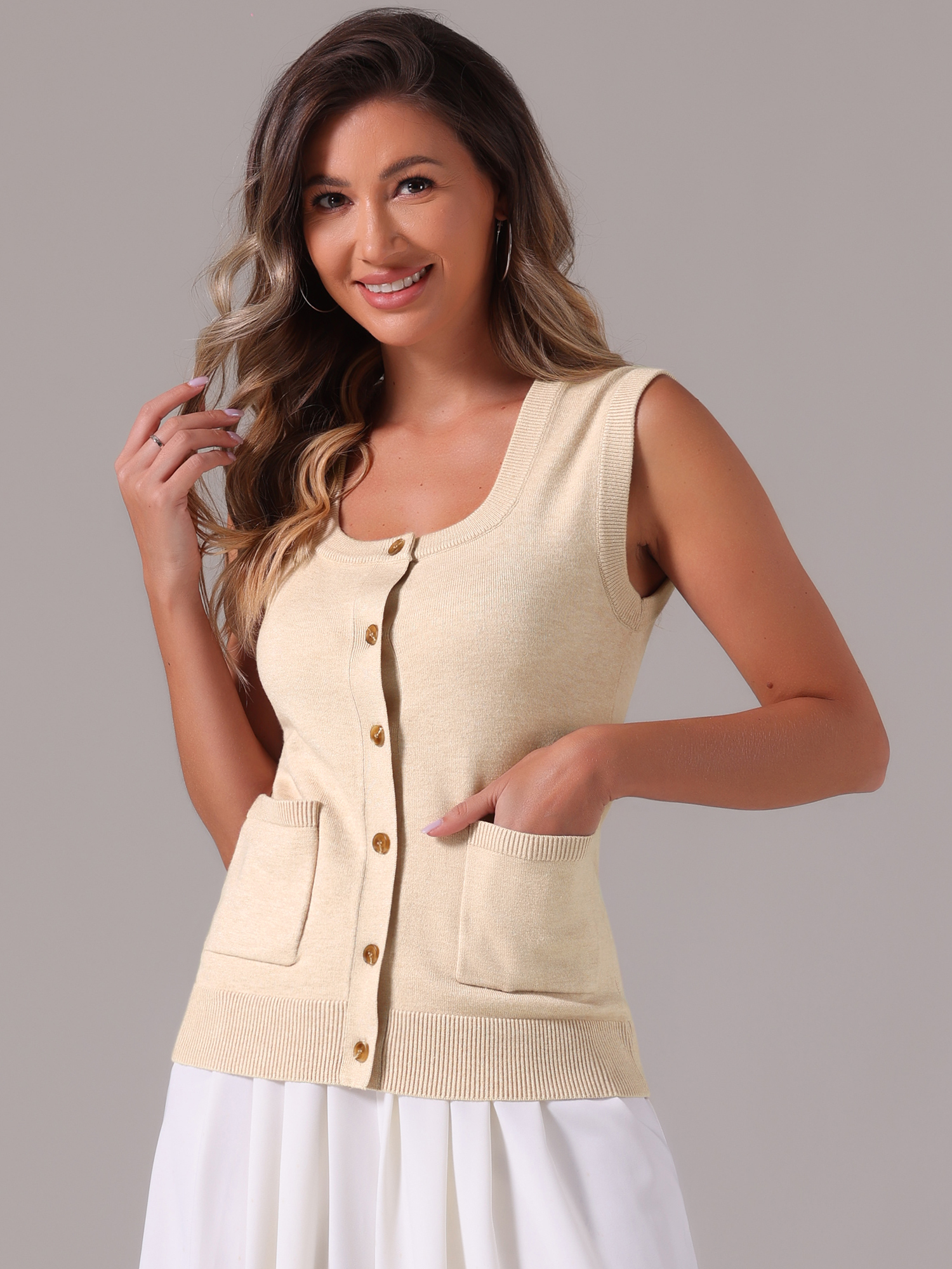 Sleeveless Button Down Summer Ribbed Waistcoat Sweater Vest Apricot/M