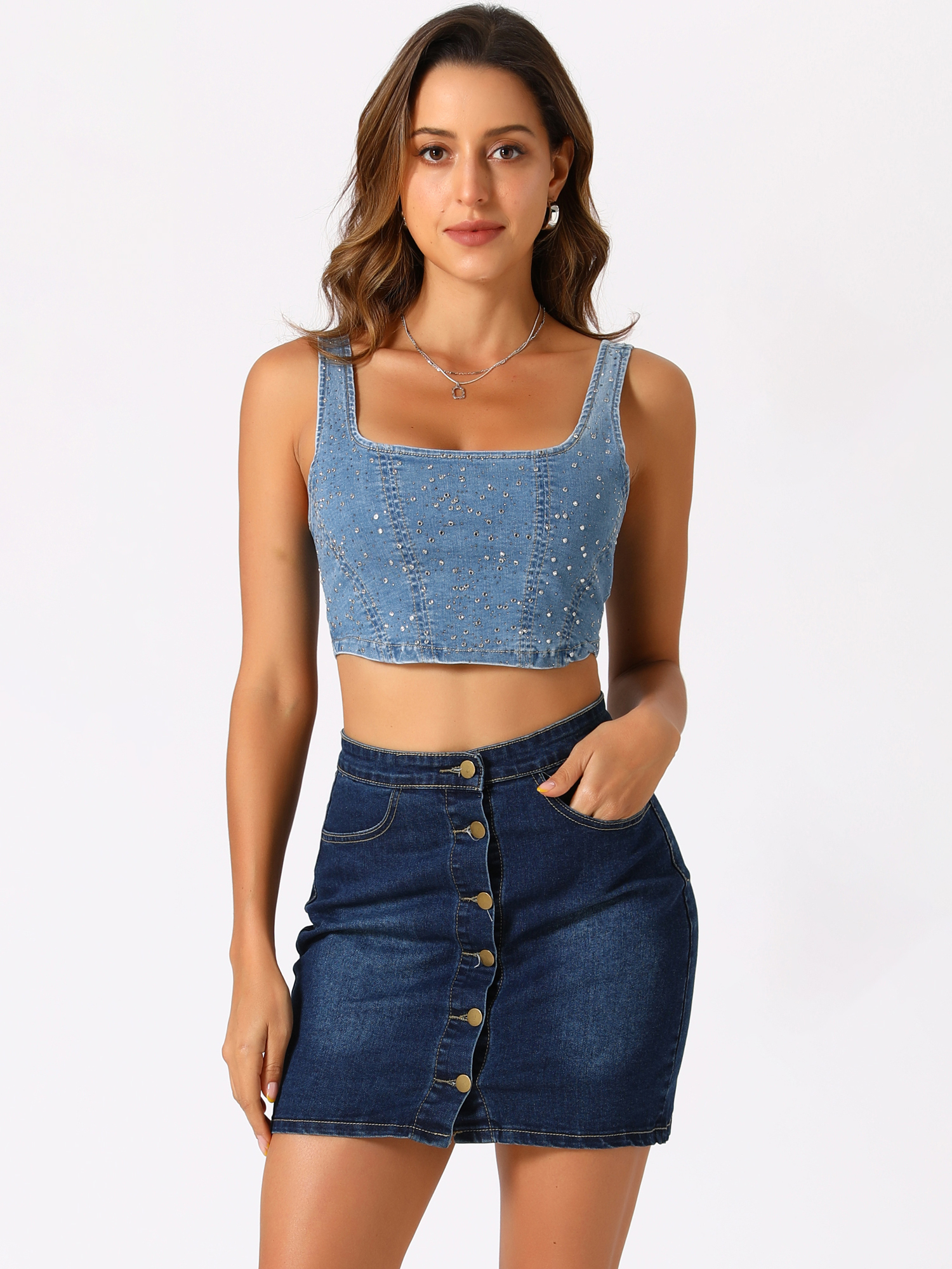 Denim Sleeveless Glitter Bustier Jean Cropped Tank Top Light Blue/L