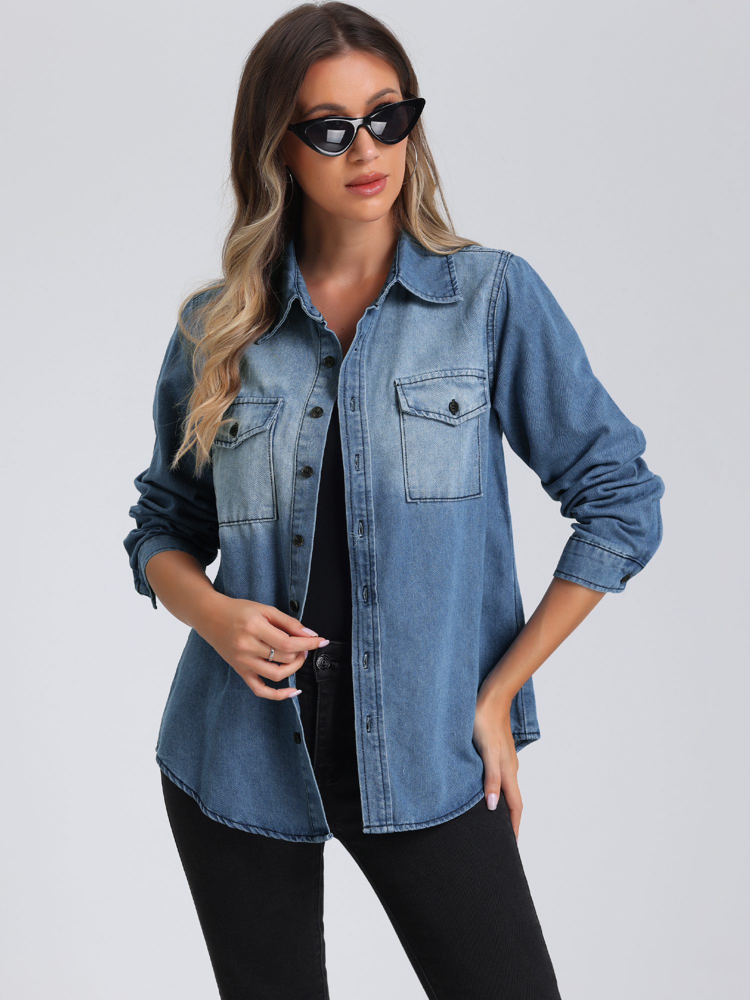 Collar Denim Button Down Long Sleeve Oversized Casual Jean Jackets Light Blue/M