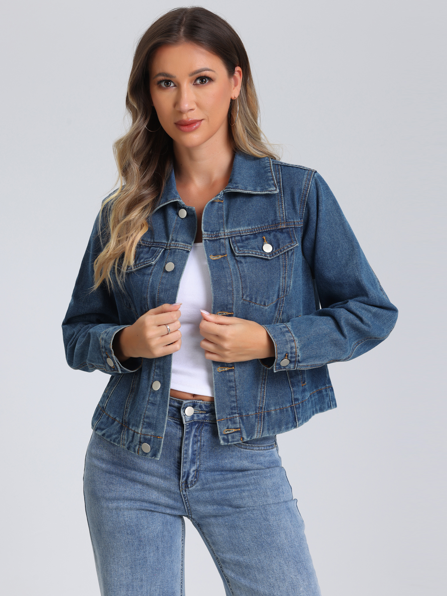 Collar Long Sleeve Button Down Cropped Denim Jean Jacket Dark Blue/XS