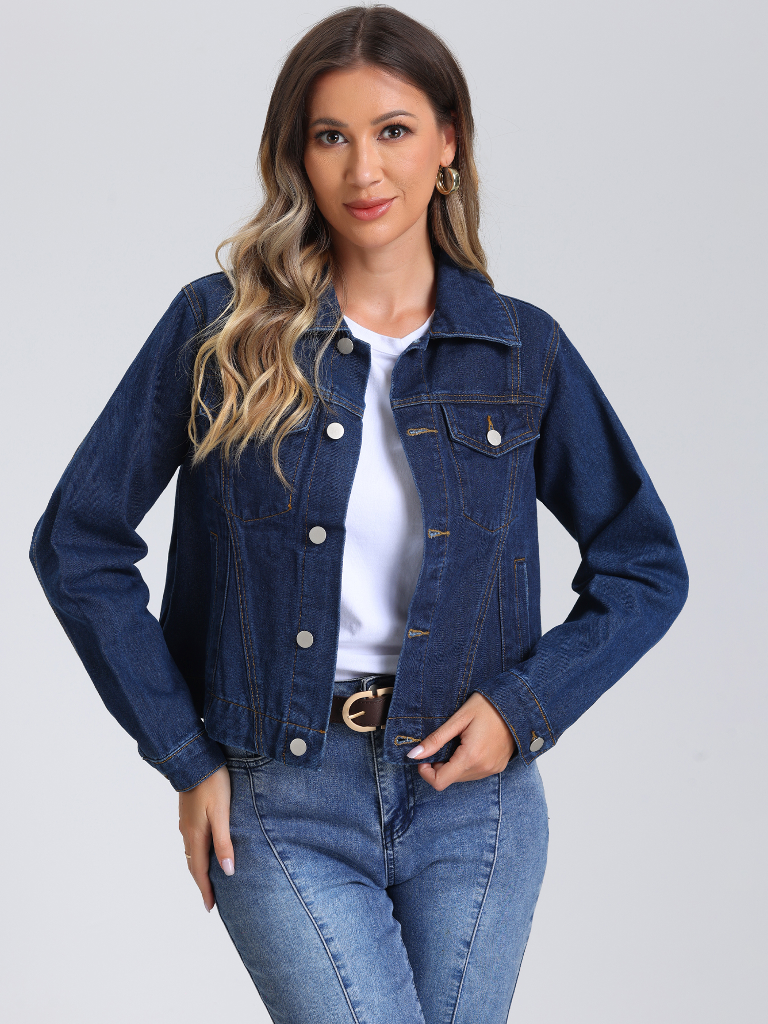Collar Long Sleeve Button Down Cropped Denim Jean Jacket Deep Blue/S