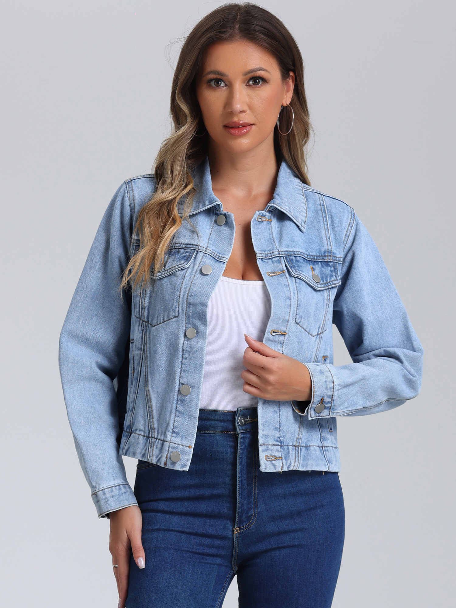 Collar Long Sleeve Button Down Cropped Denim Jean Jacket Light Blue/S