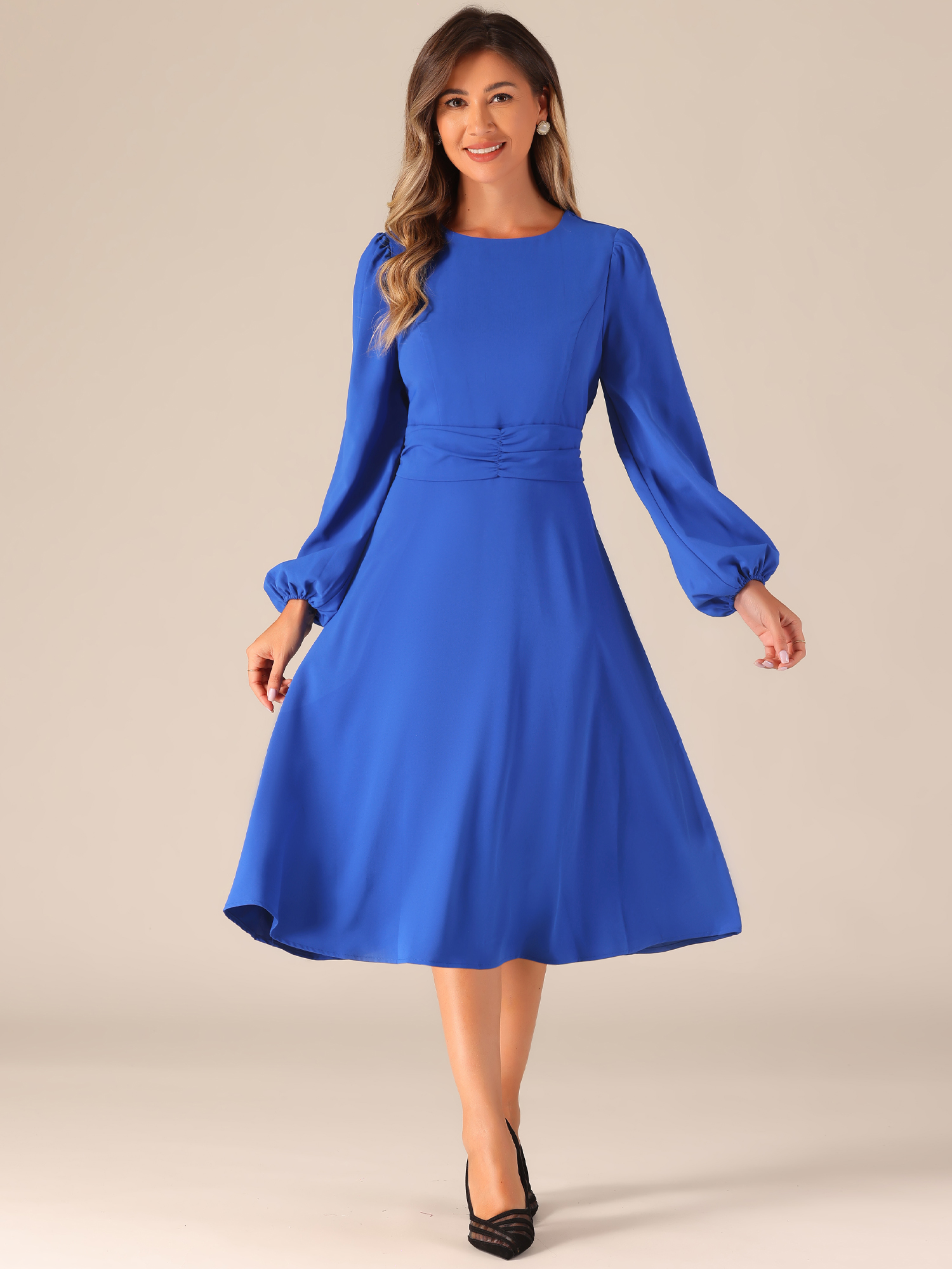 Lantern Long Sleeves Solid Color Midi Cocktail Dress Royal Blue/S