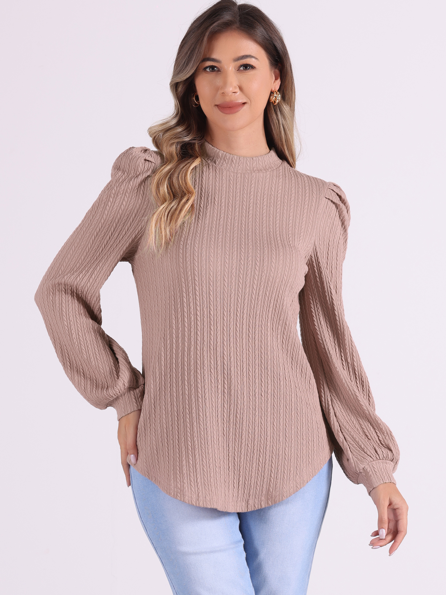 Textured Long Sleeve Mock Neck Puff Sleeve Blouse Tunic Tops Pink/L