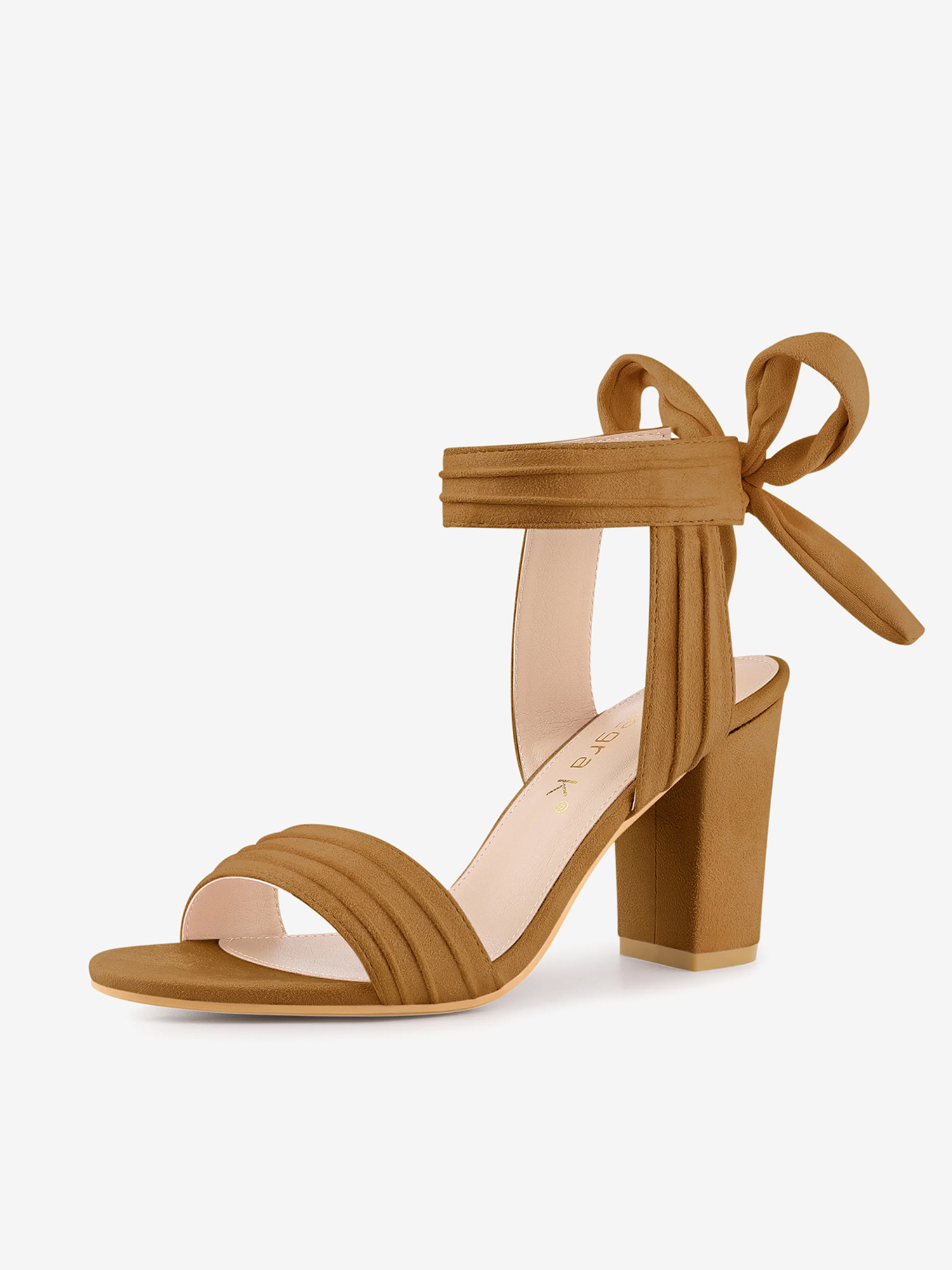 Open Toe Ankle Tie Back Faux Suede Chunky Heel Sandals Brown/8