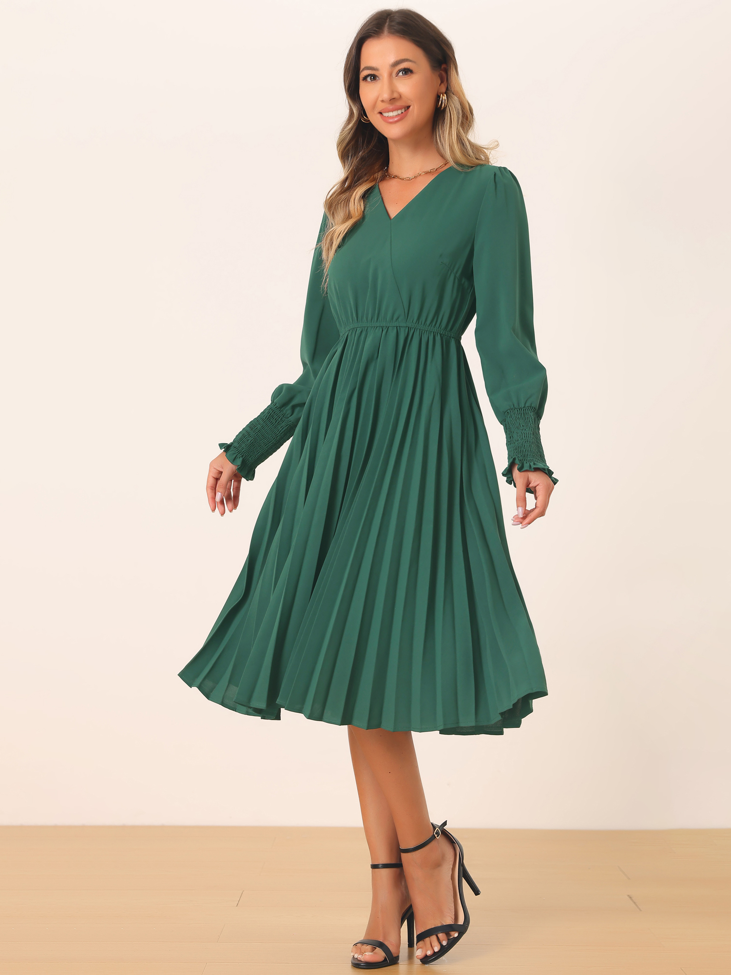 Smocked Long Sleeve Flowy A-Line Midi Pleated Dress Dark Green/XL