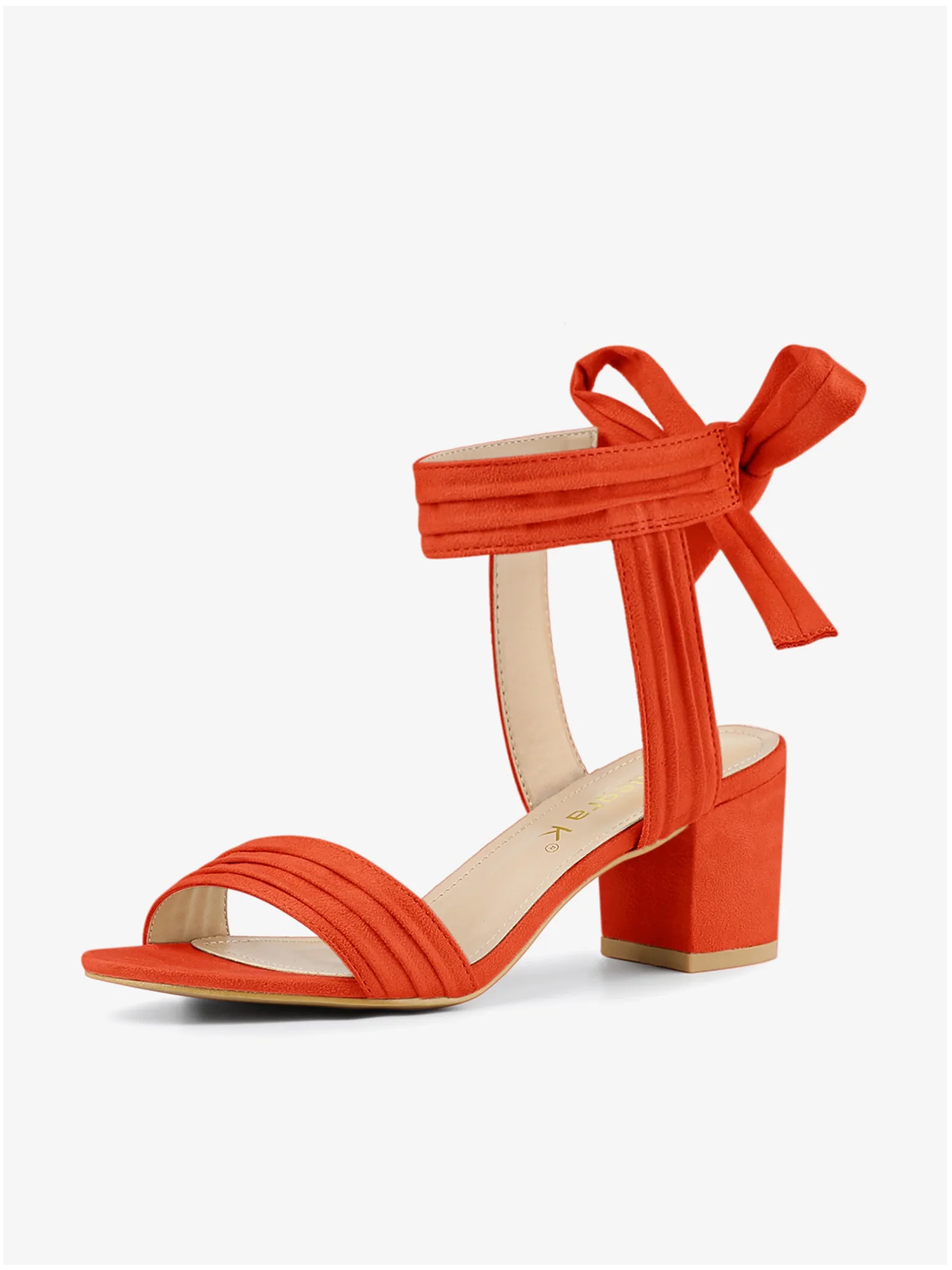 Faux Suede Open Toe Ankle Tie Back Block Heel Sandals Orange/5