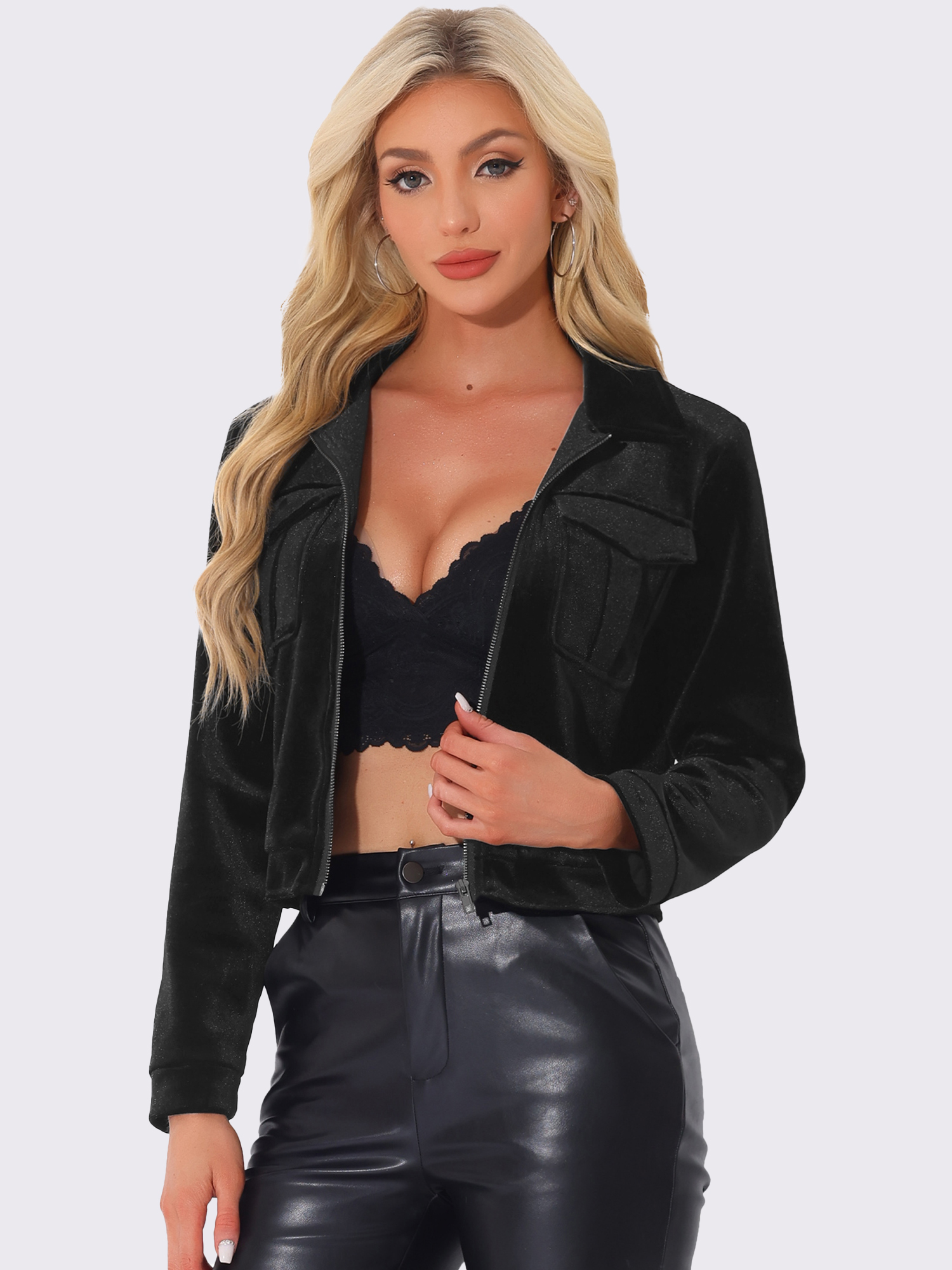 Collar Velvet Long Sleeve Zip Up Cropped Casual Jackets Black/XS