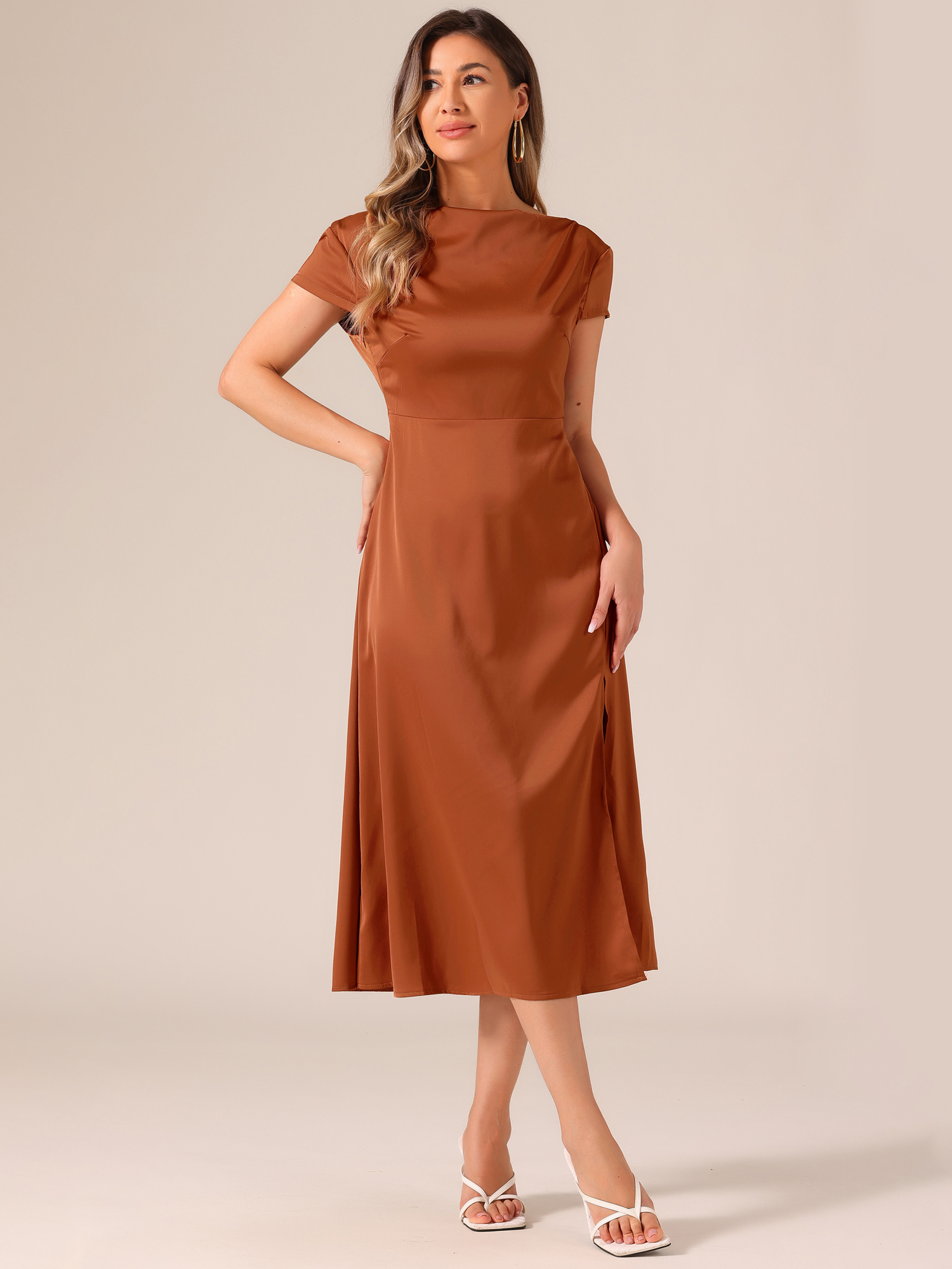 Cowl Neck Cap Sleeve Twist Cut-Out Backless Slit Midi Satin Dress Brown/L