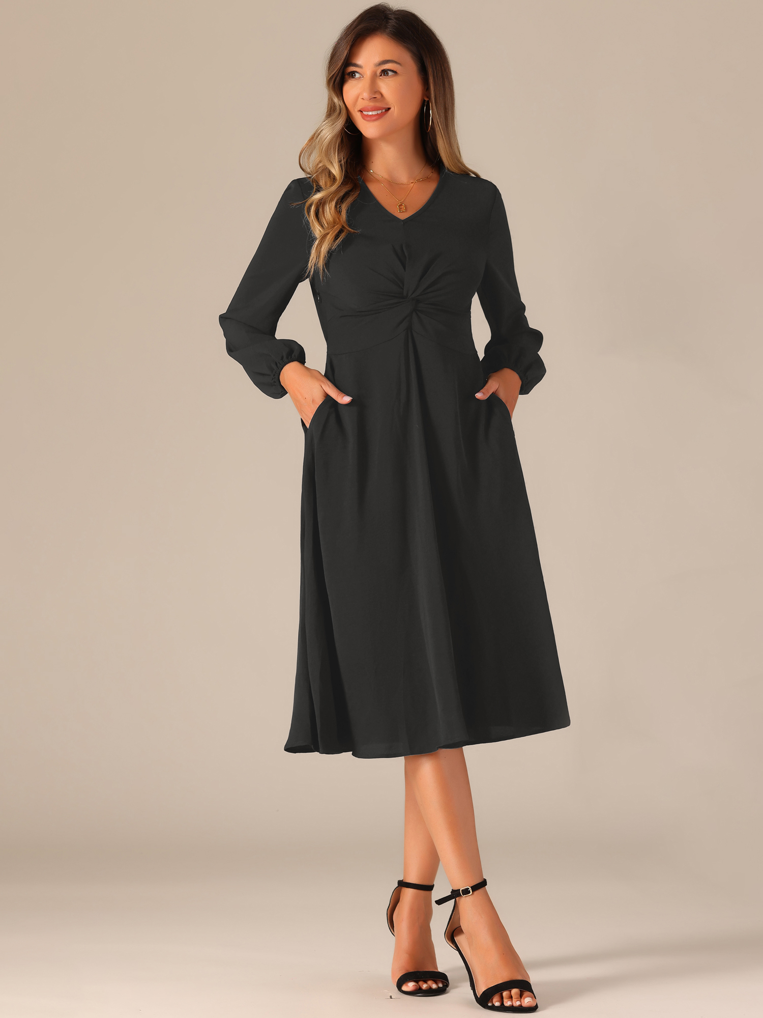 Twist Front Long Sleeve Pockets A-Line Midi Dress Black/XL