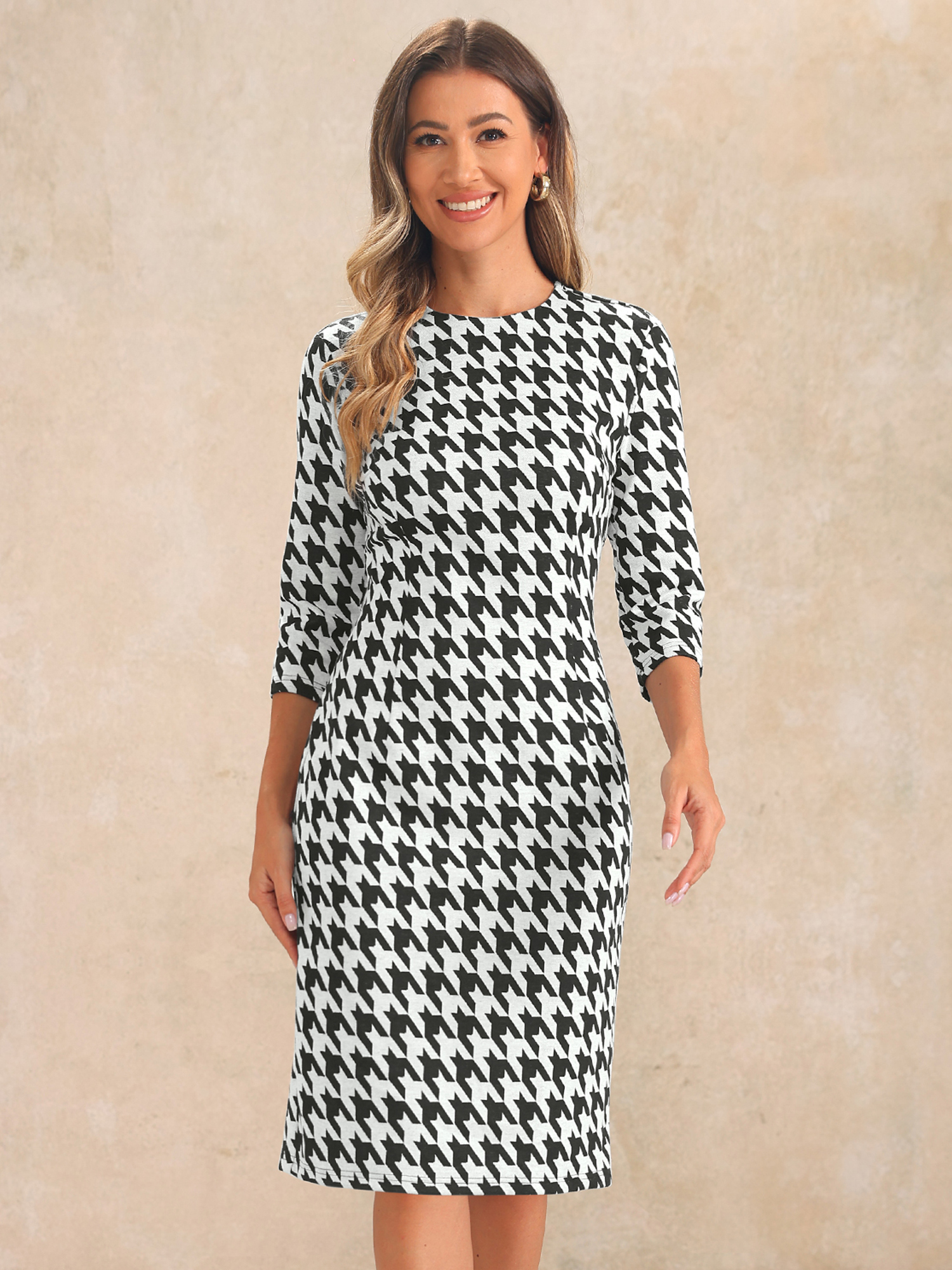 Houndstooth 3/4 Sleeve Elegant Cinched Waist Sheath Dress Black/XL