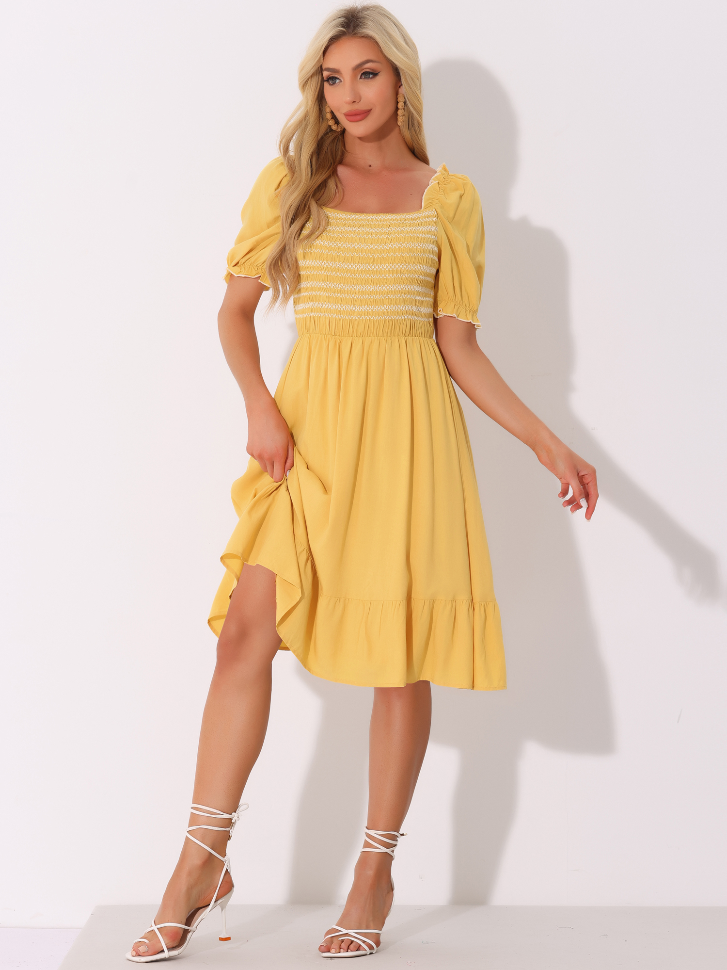 Smocked Puff Short Sleeve Ruffle Shirred Summer Midi Dress Yellow/L