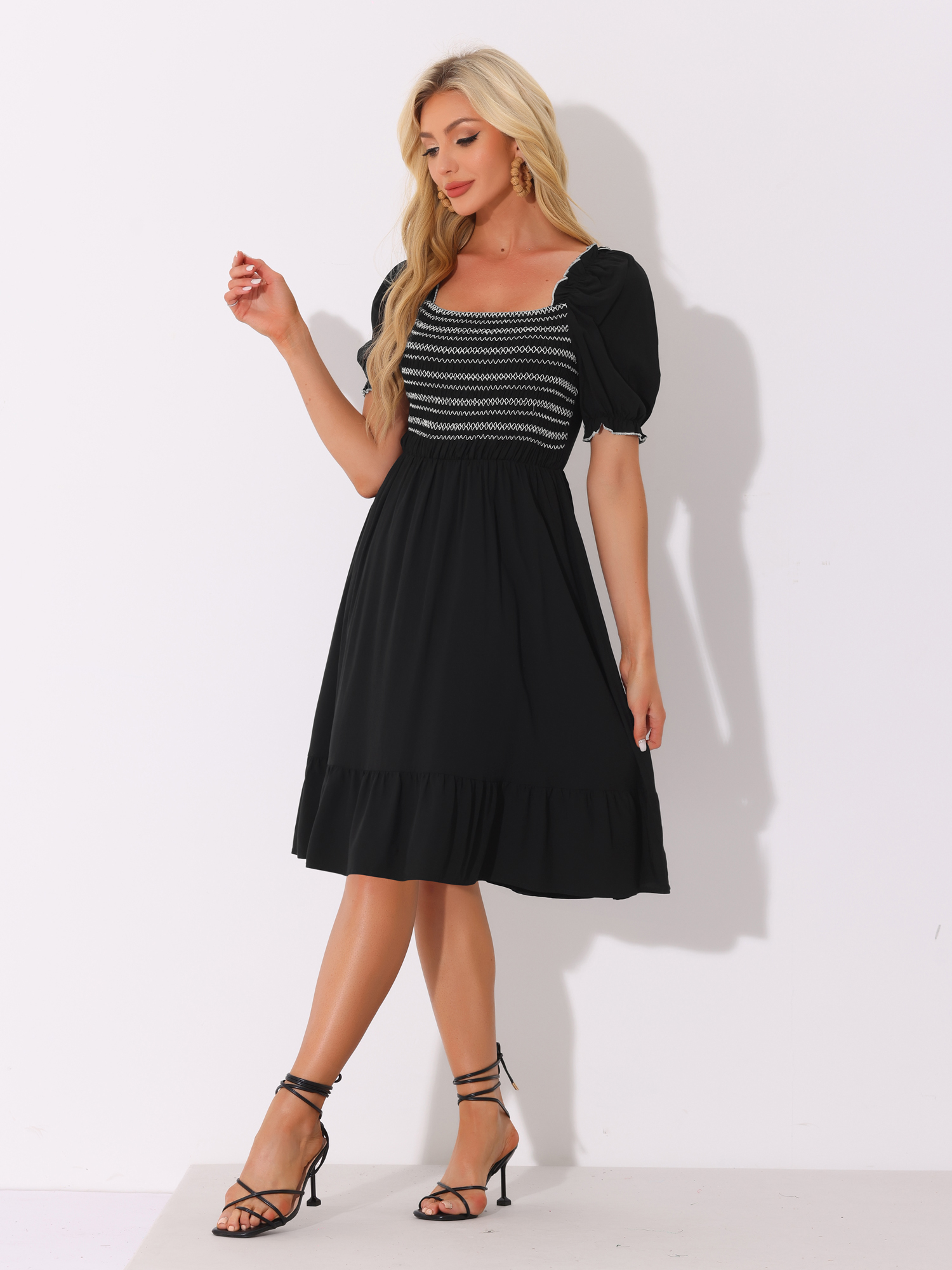 Smocked Puff Short Sleeve Ruffle Shirred Summer Midi Dress Black/L