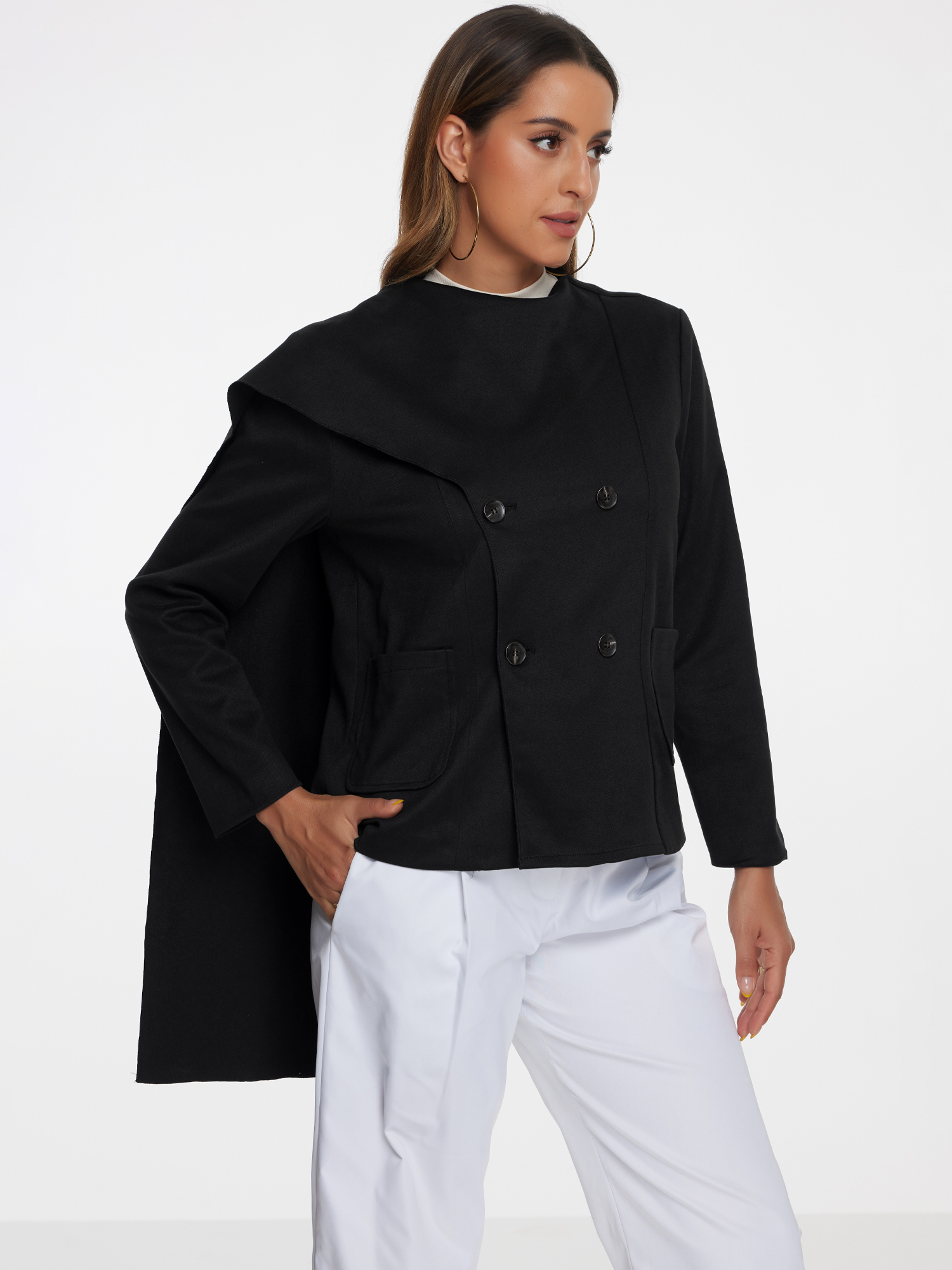 Double Breasted Scarf Long Sleeve Cropped Jacket Black/M