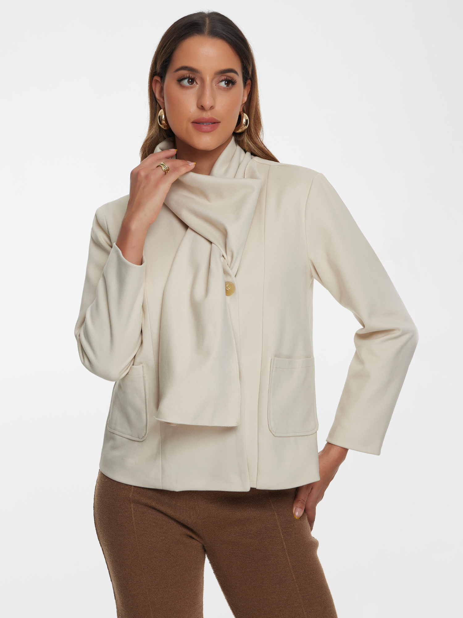 Double Breasted Scarf Long Sleeve Cropped Jacket Beige/L