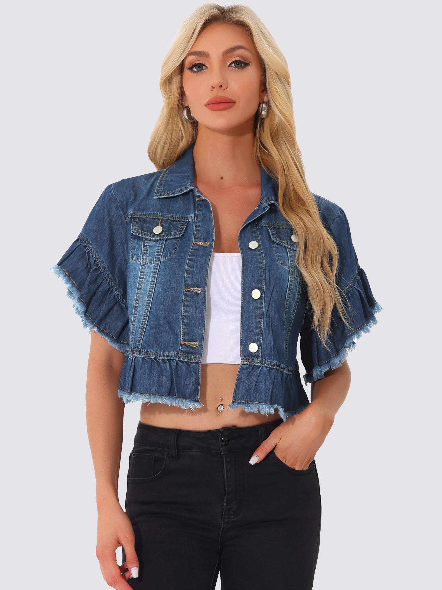 Denim Ruffled Short Sleeve Lightweight Peplum Hem Cropped Jean Jacket Dark Blue/XL