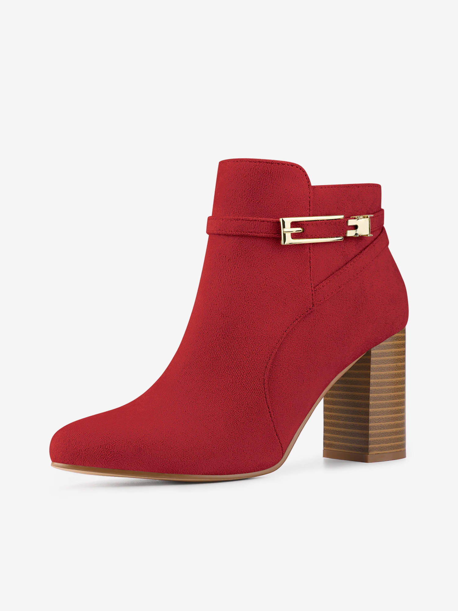Round Toe Buckle Chunky Heel Ankle Boots Red/10