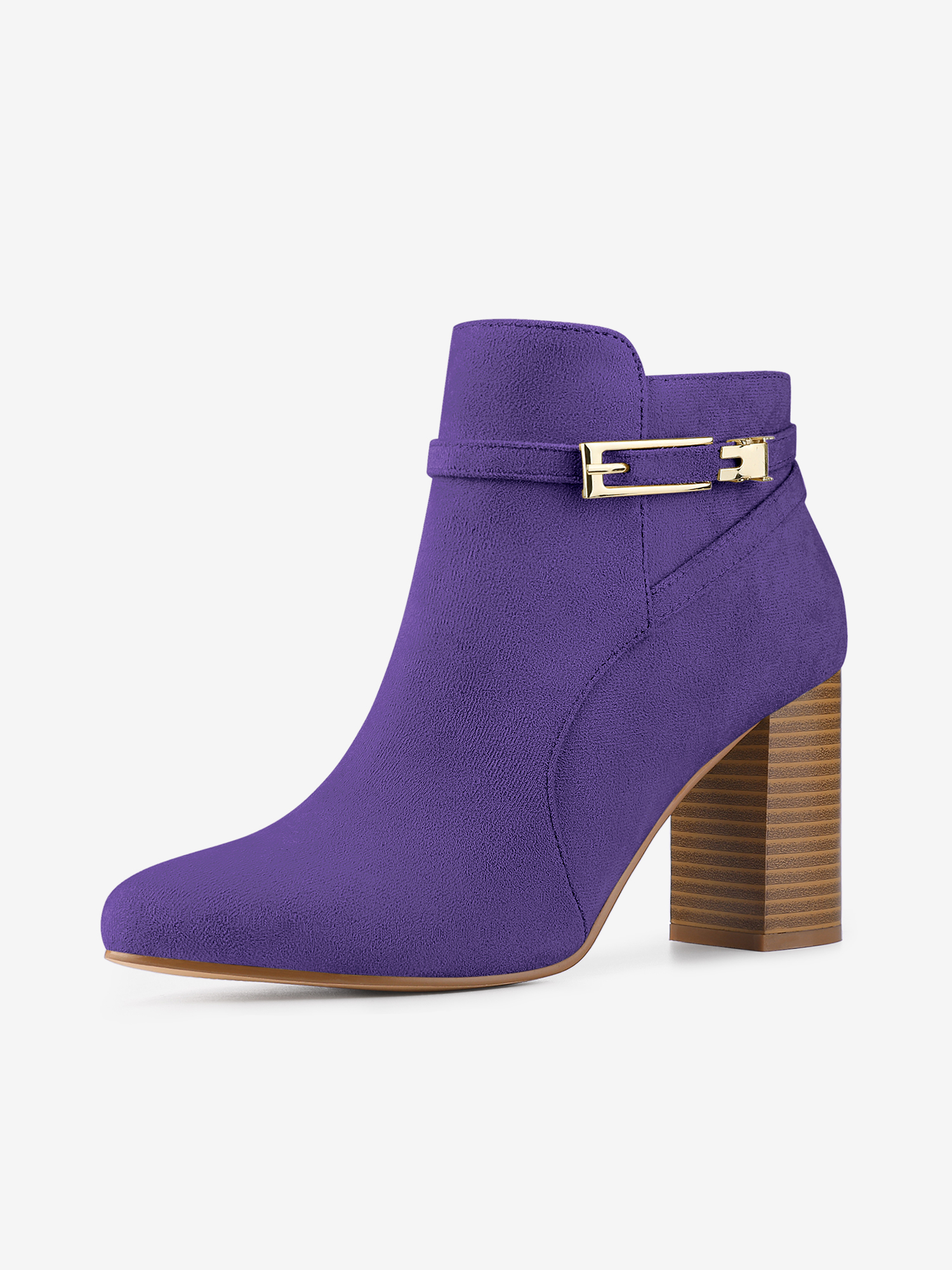 Round Toe Buckle Chunky Heel Ankle Boots Dark Purple/10