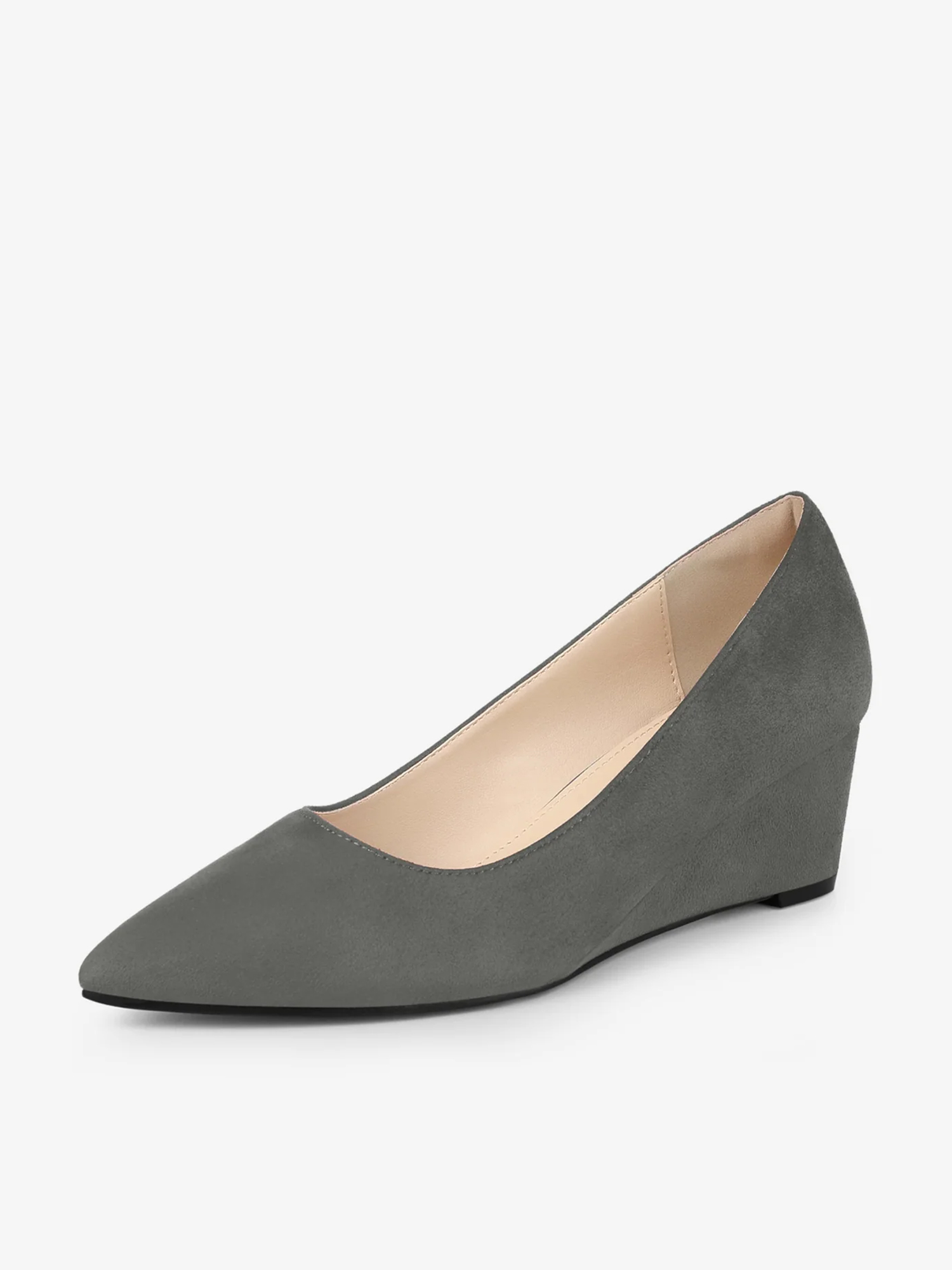 Faux Suede Solid Color Pointed Toe Slip On Wedge Heel Pumps Gray/10