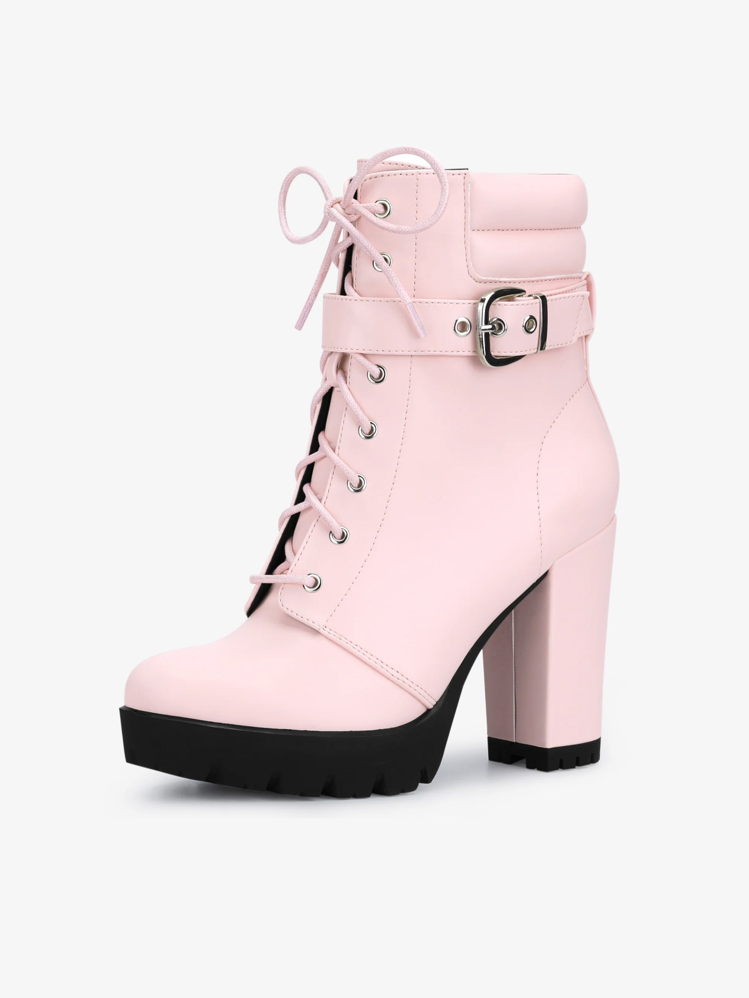 Lace Up Belt Decor Platform Block Heel Combat Ankle Boots Pink/8