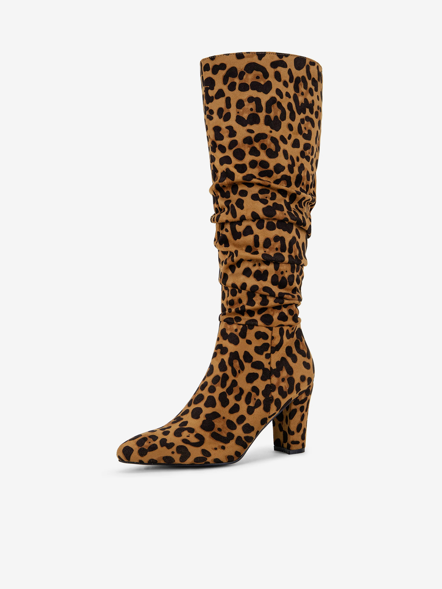 Slouchy Pointed Toe Chunky Heel Knee High Boots Leopard/9