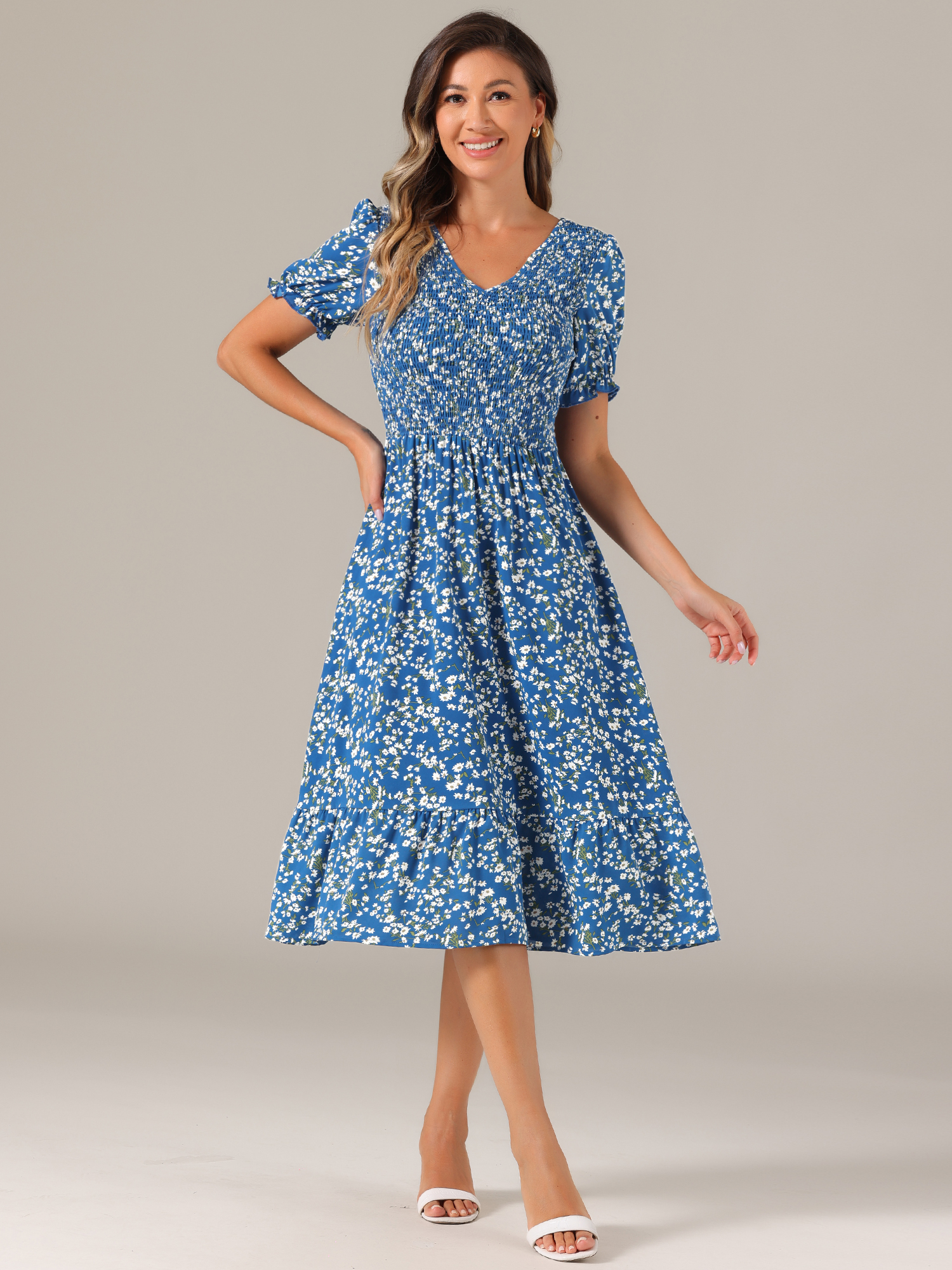 Floral Shirred Puff Short Sleeves V Neck Ruffled Hem Midi Dress Blue/XL