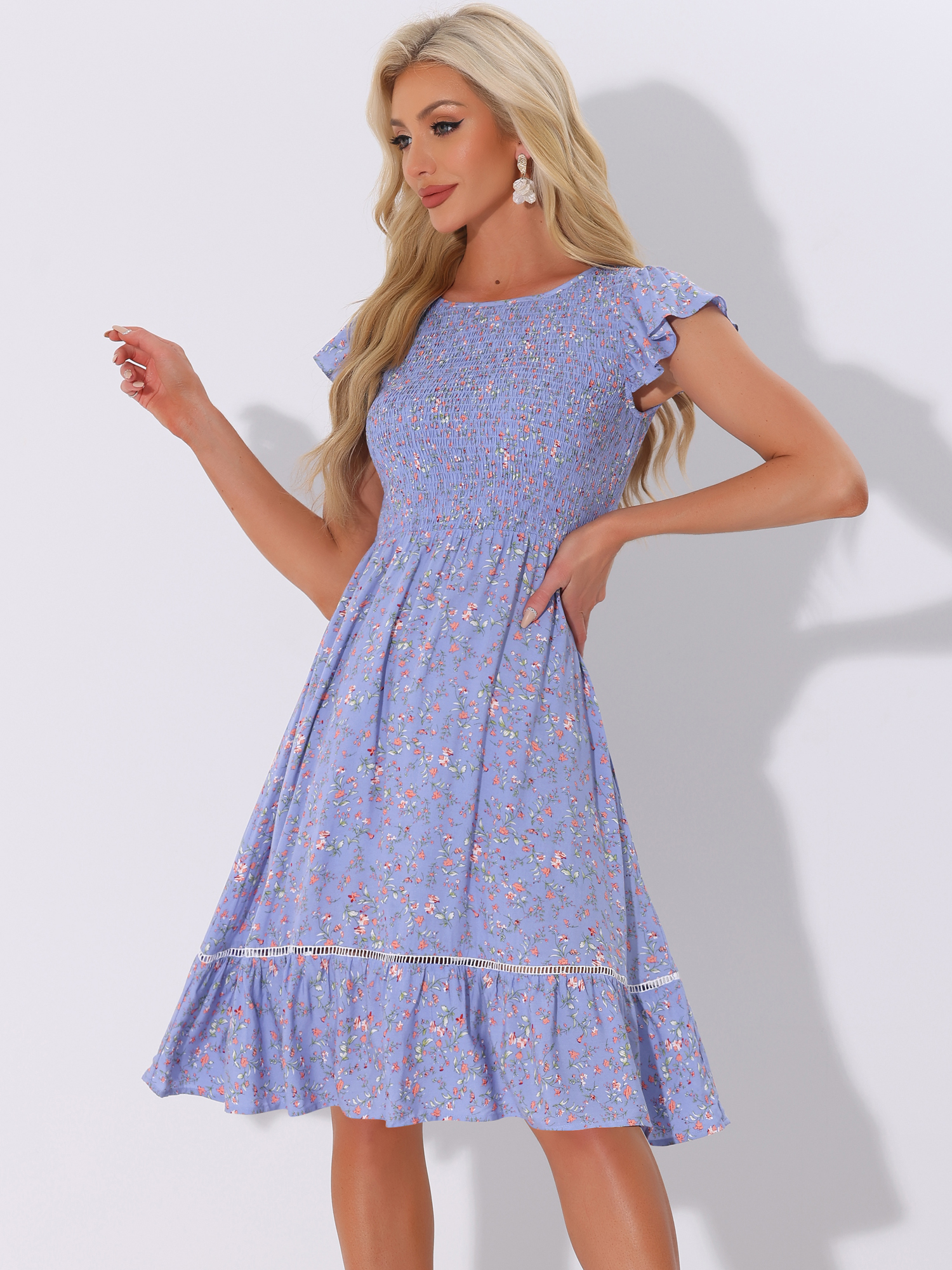 Midi Smocked Cap Short Sleeve Floral Fit and Flare Dress Dark Blue Purple/XL