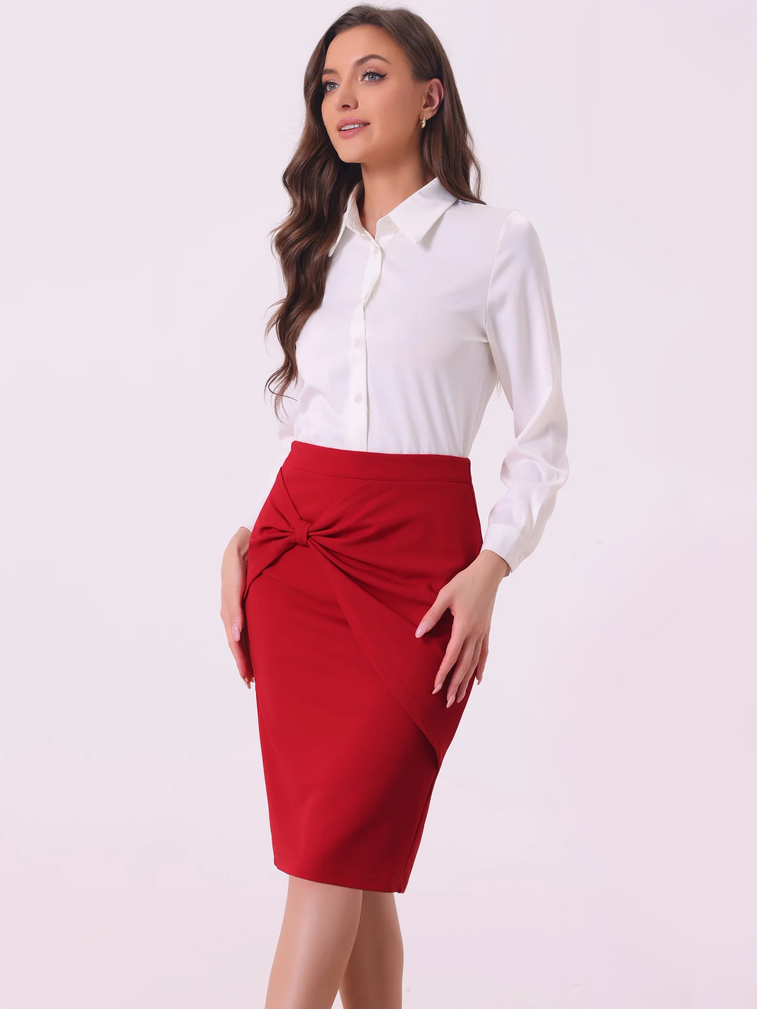 Work Pencil Ruched High Waist Bodycon Midi Skirt Red/XL