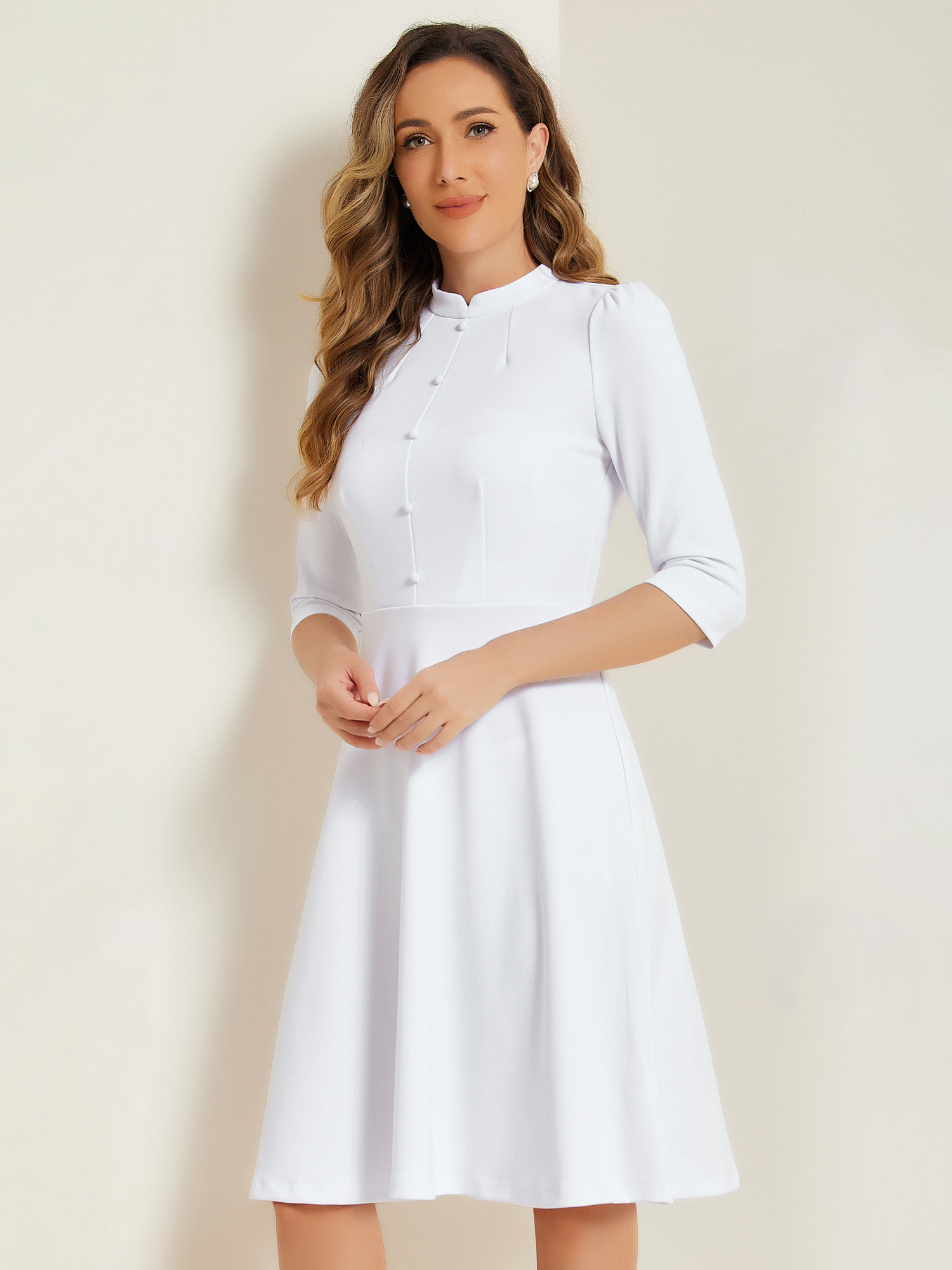 Retro 3/4 Sleeve Stand Collar Office Work Elegant A-Line Dress White/XL