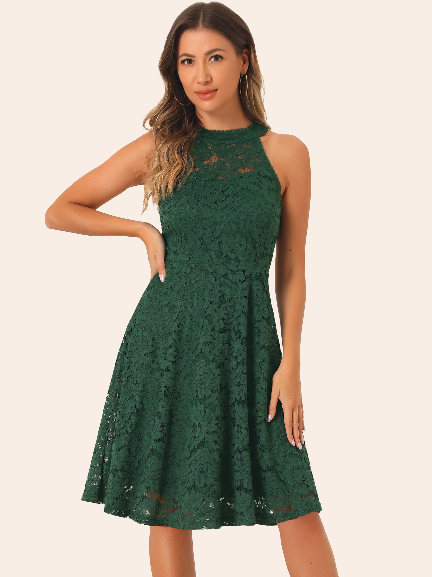 Lace Halter Neck Sleeveless Elegant Cocktail A-Line Dress Dark Green/XS