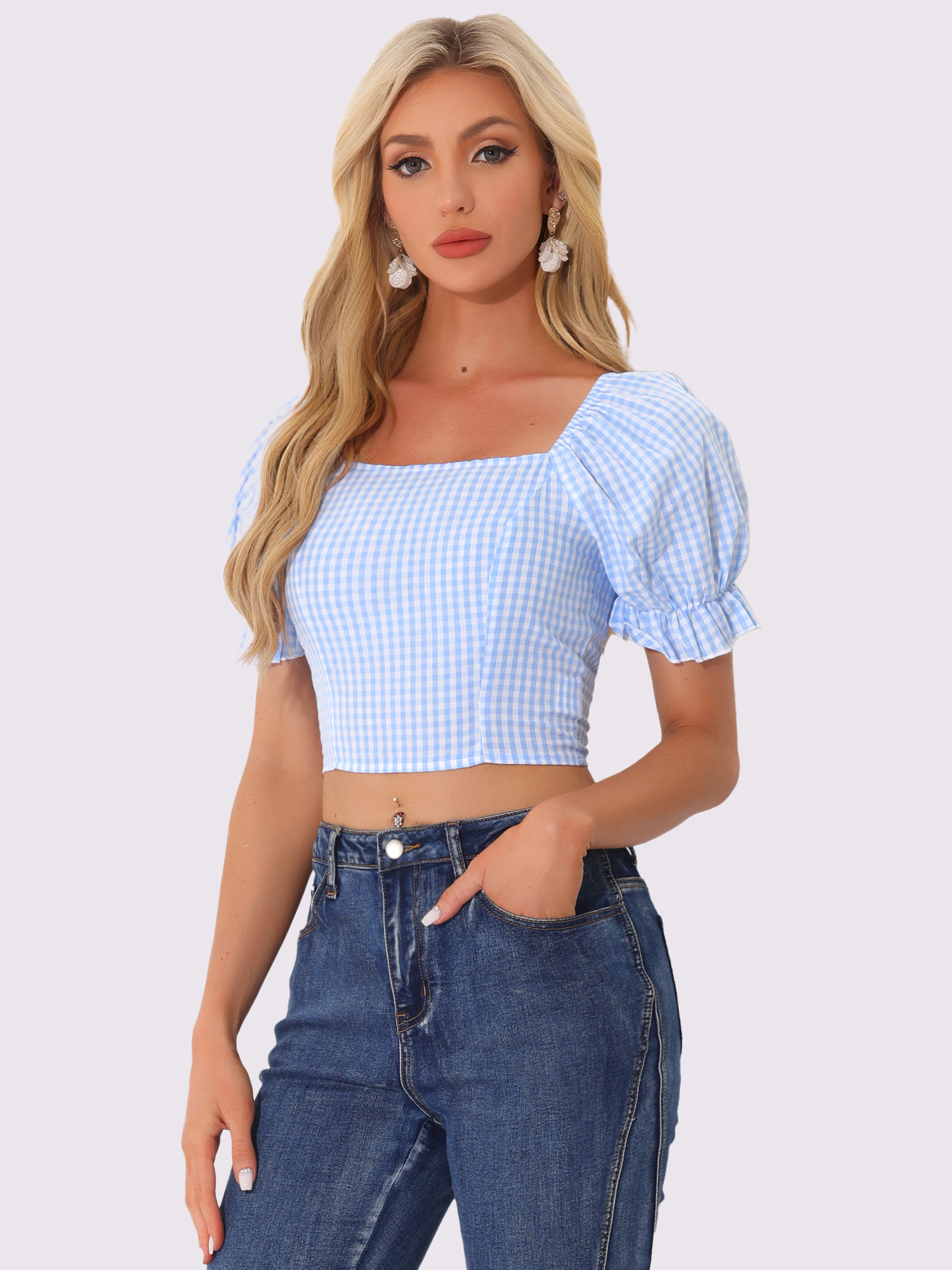 Gingham Bubble Sleeve Smocked Cropped Casual Blouse Light Blue/L