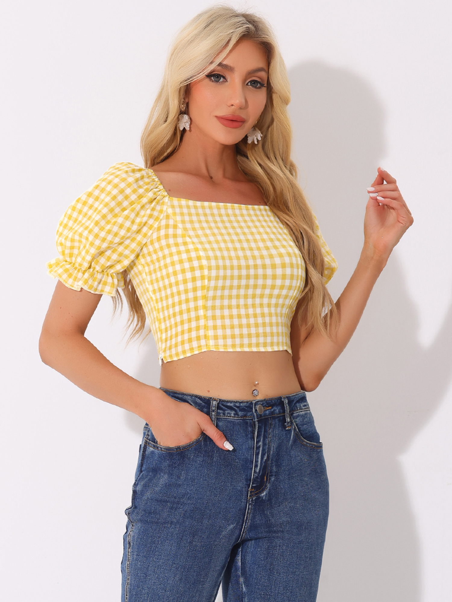 Gingham Bubble Sleeve Smocked Cropped Casual Blouse Yellow/M