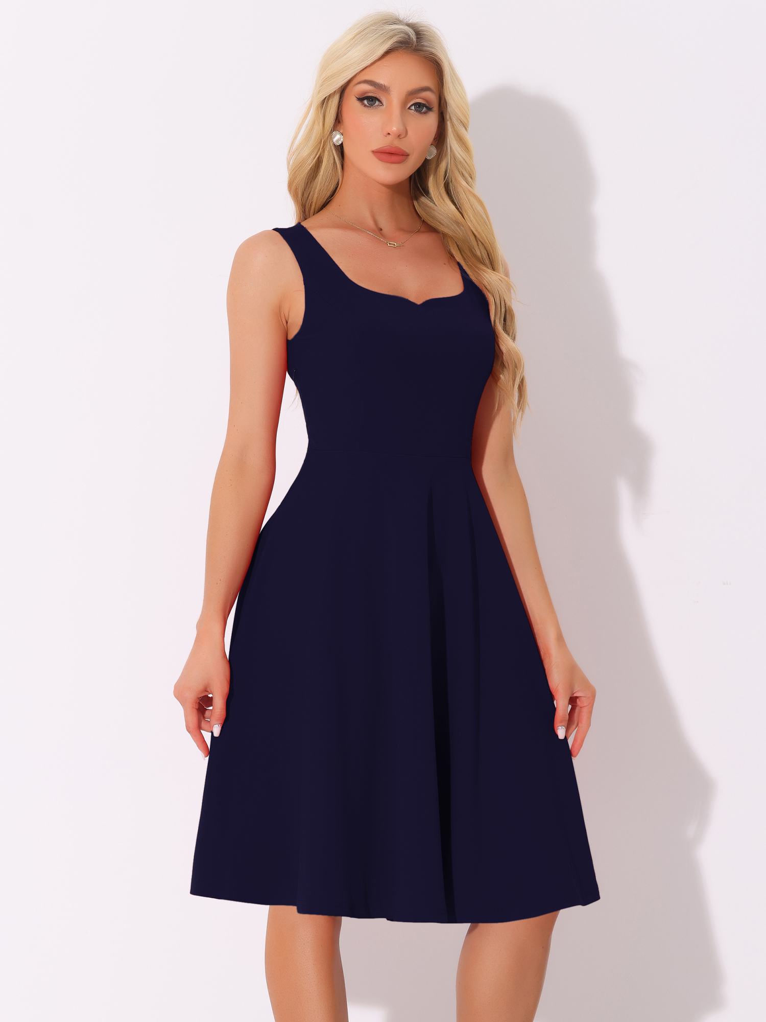 Sweetheart Neck Sleeveless A-Line Midi Swing Dress Dark Blue/L
