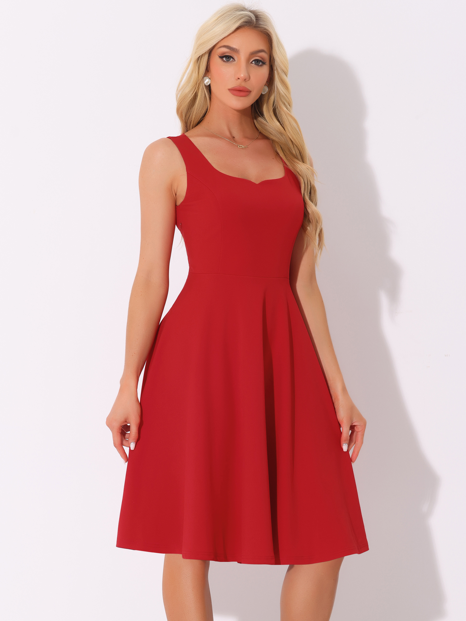 Sweetheart Neck Sleeveless A-Line Midi Swing Dress Red/M