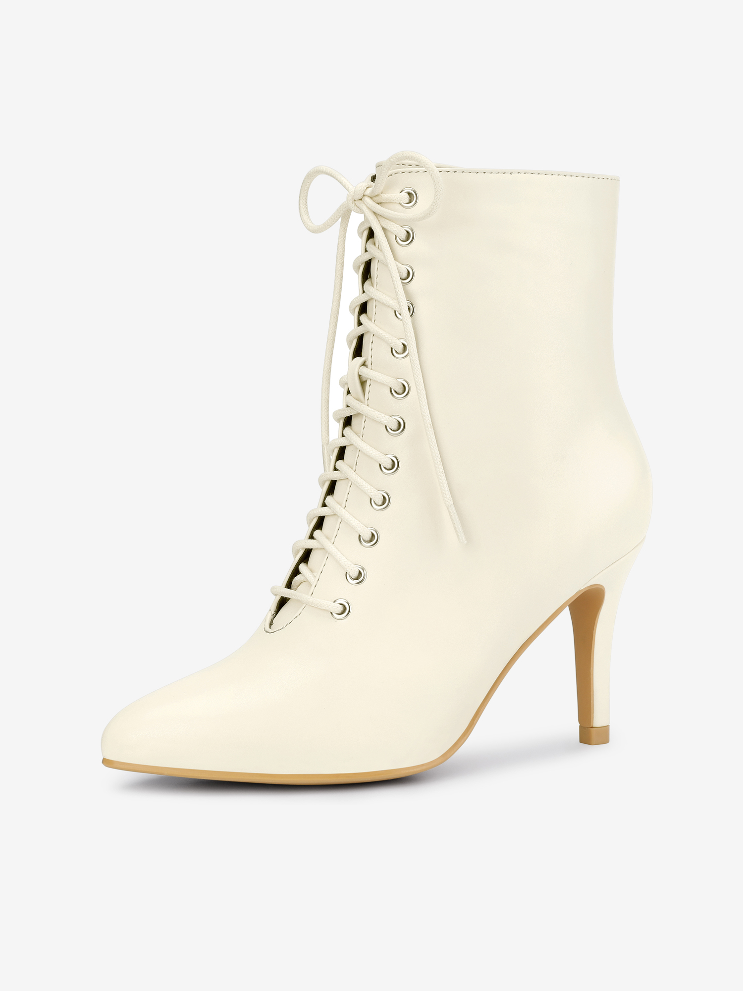 Women's Lace Up Pointed Toe Stiletto Heels Ankle Boots Cream/9.5